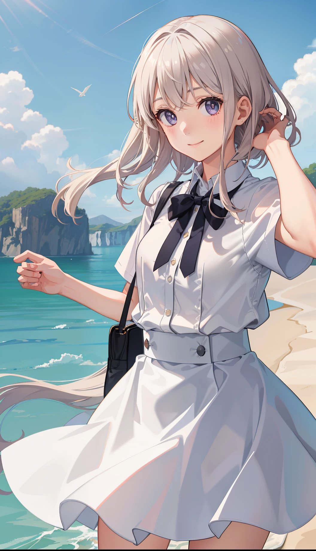 1girl in、As-、A smile、Light in the eyes、The shirt、Blouse、skirt by the、(small tits)Chilarism、movement、Upper body portrait、