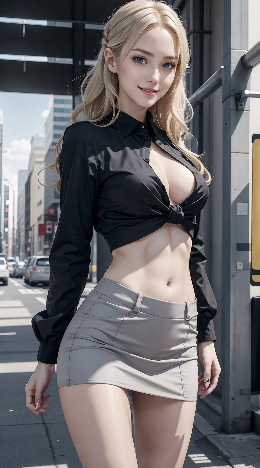 25-year-old Caucasian woman、platinum-blonde、blue eyess、Semi-long、My hair is wavy、Hair is tied up、I can see the belly button、My abs are cracked、a smile、Slender but well-proportioned muscular body、I don't want my head to disappear from the screen.、I'm wearing a mini-length tight skirt、wearing a black blouse、in the business district、I'm wearing high heels、a smile