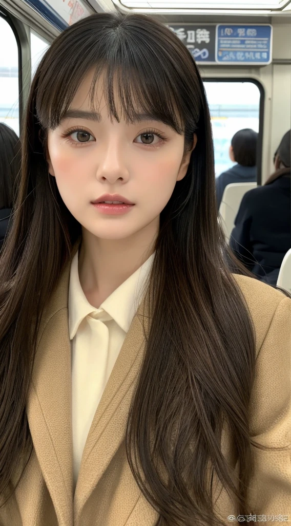 Top image quality、​masterpiece、Beautuful Women、japanes、25-years old、On the train、（masuter piece：1.3）、（in 8K、Photorealsitic、Raw photography、top-quality：1.4）、（1girl in）、beautiful expression、（Lifelike face）、（A dark-haired、Realistic eyes beautiful details、（real looking skin）、coat、muffler、absurderes、enticing、ultra res、A hyper-realistic、high detal、the golden ratio、serious faces、dual、long、Loose perm、Beautiful Japan Woman、