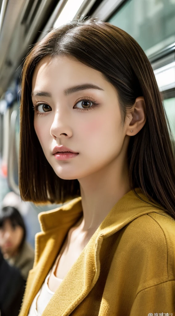Top image quality、masterpiece、Beautuful Women、japanes、25-years old、On the train、(masuter piece:1.3)、(in 8K、Photorealsitic、Raw photography、top-quality:1.4)、(1girl in)、beautiful expression、(Lifelike face)、(A dark-haired、Realistic eyes beautiful details、(real looking skin)、coat、muffler、absurderes、enticing、ultra res、A hyper-realistic、high detal、the golden ratio、serious faces、dual、long、Loose perm、Beautiful Japan Woman、