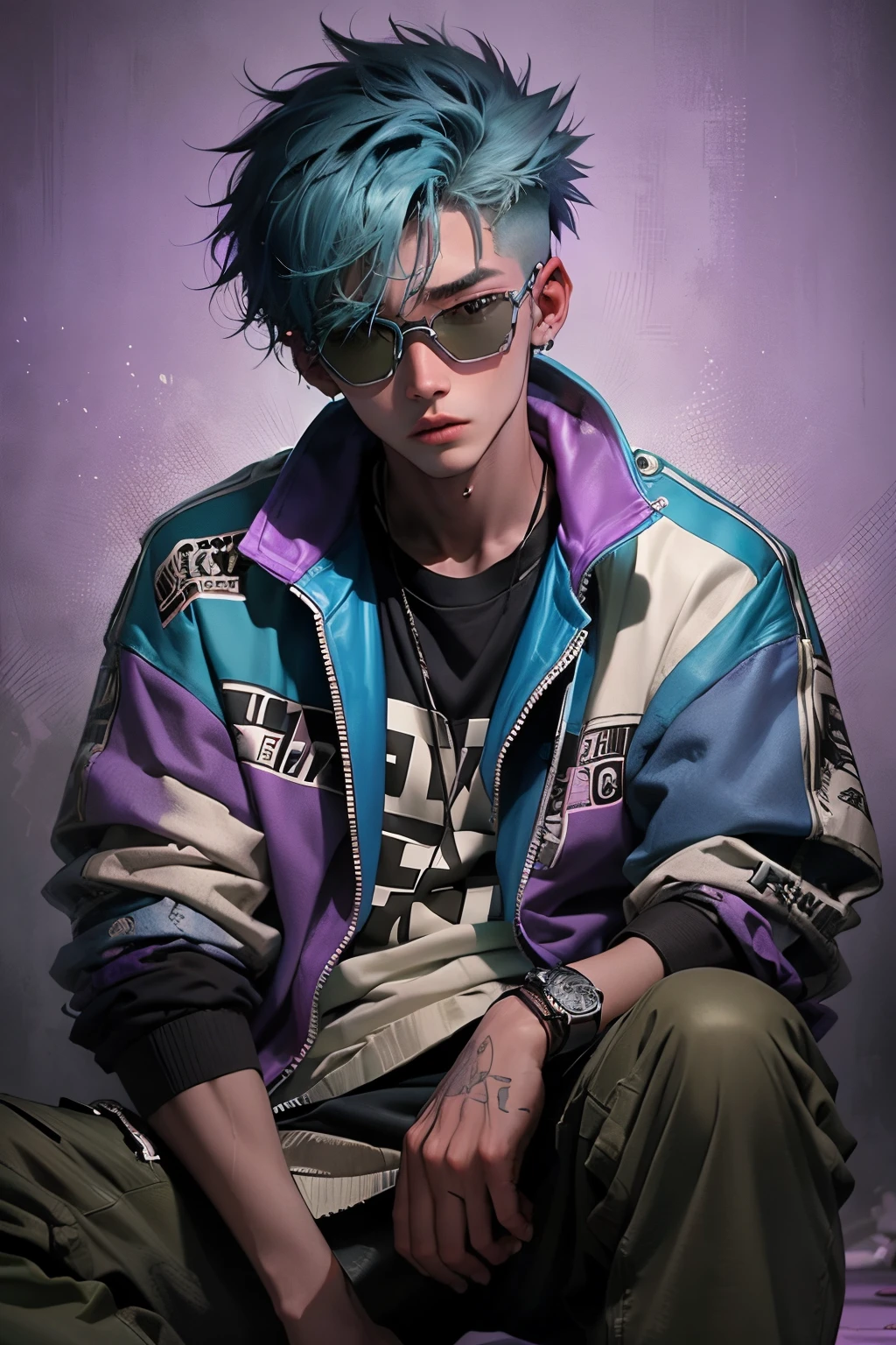 kpop young  boy with fade cut blue skin and green hair, blue eyes, open purple jacket with dark blue shirts ,wears a brown leather jacket with a white and dark-brown spotted fur collar, green pants that go down to his knees and signature green skiing goggles in top hair with a pink lenses, casino background, popstar, He has a normal Putt Putt Troll, bossy big brother", as being the leader of the group