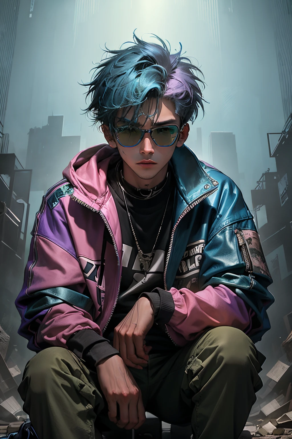 kpop young age boy with fade cut blue skin and green hair, blue eyes, open purple jacket with dark blue shirts ,wears a brown leather jacket with a white and dark-brown spotted fur collar, green pants that go down to his knees and signature green skiing goggles in top hair with a pink lenses, casino background, popstar, He has a normal Putt Putt Troll, bossy big brother", as being the leader of the group