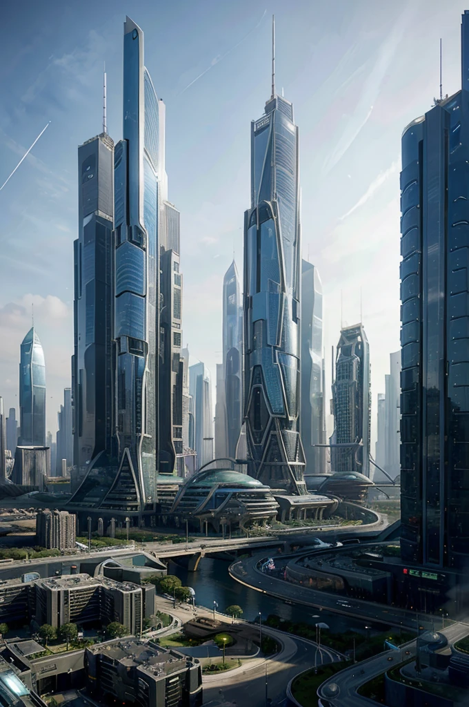 A bustling modern futuristic city in a new earthlike planet, showcasing futuristic buildings, innovative technologies, and a diverse population. The design embodies the human spirit of exploration and the potential for establishing new communities beyond Earth.