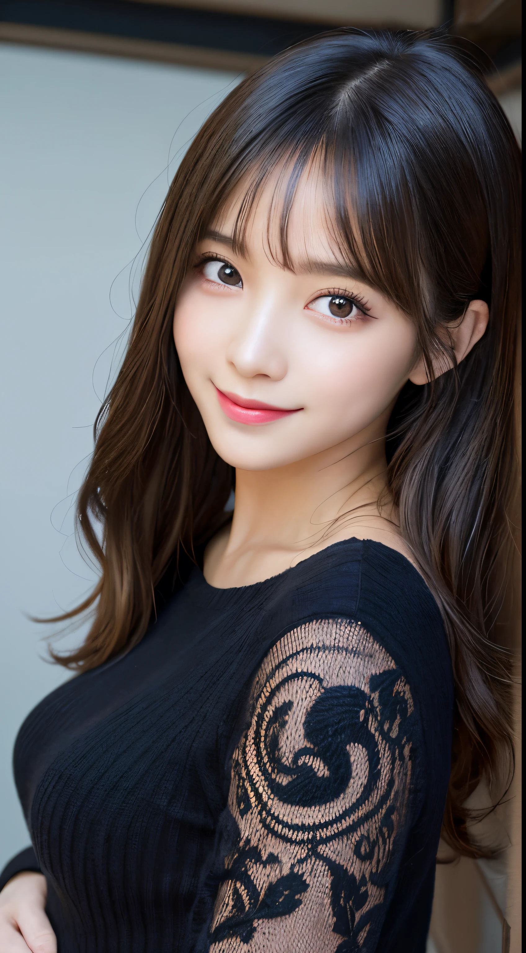 masutepiece, Best Quality, Illustration, Ultra-detailed, finely detail, hight resolution, 8K Wallpaper, Perfect dynamic composition, Beautiful detailed eyes, black long sleeve knit dress,Straight hair,Small breasts natural color lip, Randomly sexy poses,Smile,Harajuku、20 years girl、Cute、Sexy shot looking at camera,Perfect and beautiful face