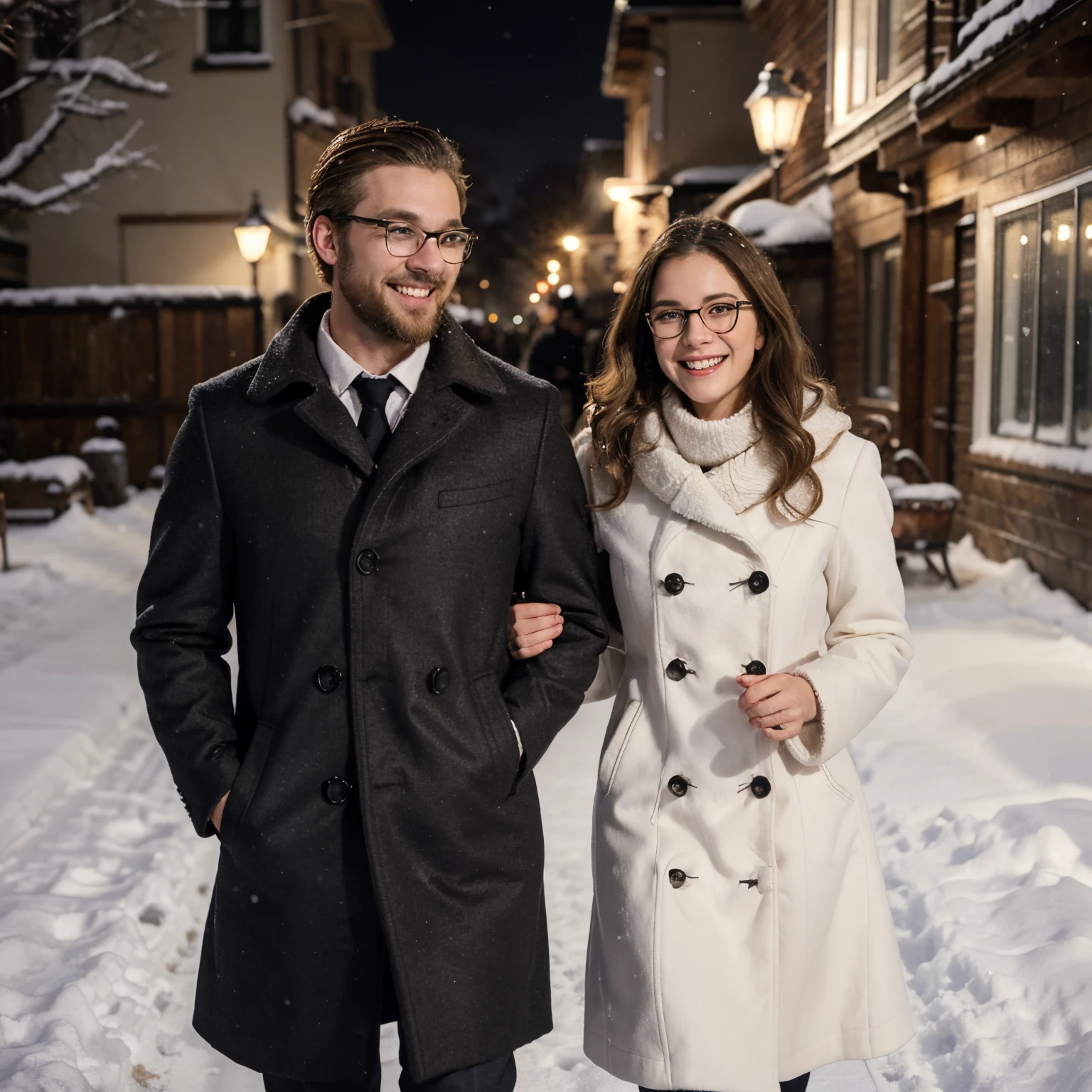 Couple, snow, snowing, night, dark, short light blonde hair trimmed beard white male square face age 30-35 wearing black coat slender build. Standing next is White woman curly long brown hair grey eyes glasses heart shape face wearing red coat. Walking. Laughing. Smiling