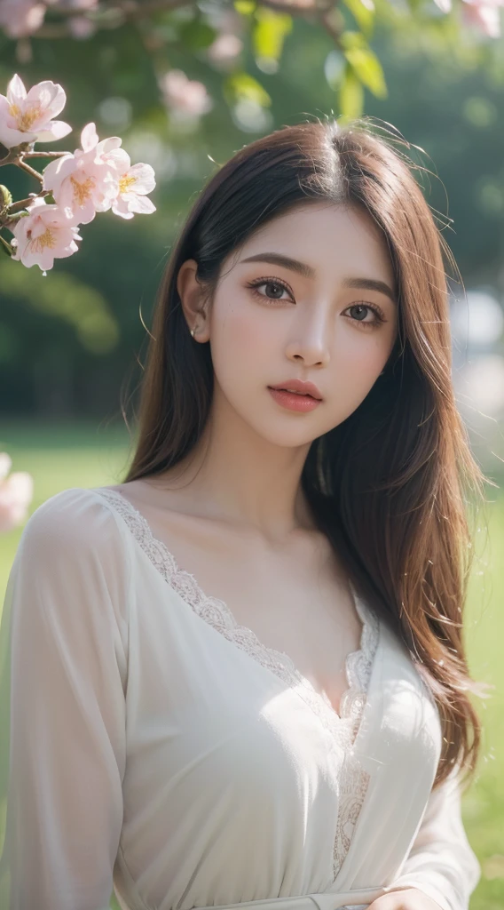 (Best quality at best,4K,8K,A high resolution,tmasterpiece:1.2),ultra - detailed,(actual,realisticlying,Photorealistic:1.3 like,Light and airy,Gentle and dreamy colors,in pastel shades,Soft and diffuse lighting,美丽细致的眼睛,beautiful detailed lips,Extremely detailed eyes and face,Long eyelashes,girl,Alone,The upper part of the body,grassy fields,staring at the audience,Ayesha Tugulay,blossoms,corolla, Background with,Lola:ayeshav2-000008:0.8