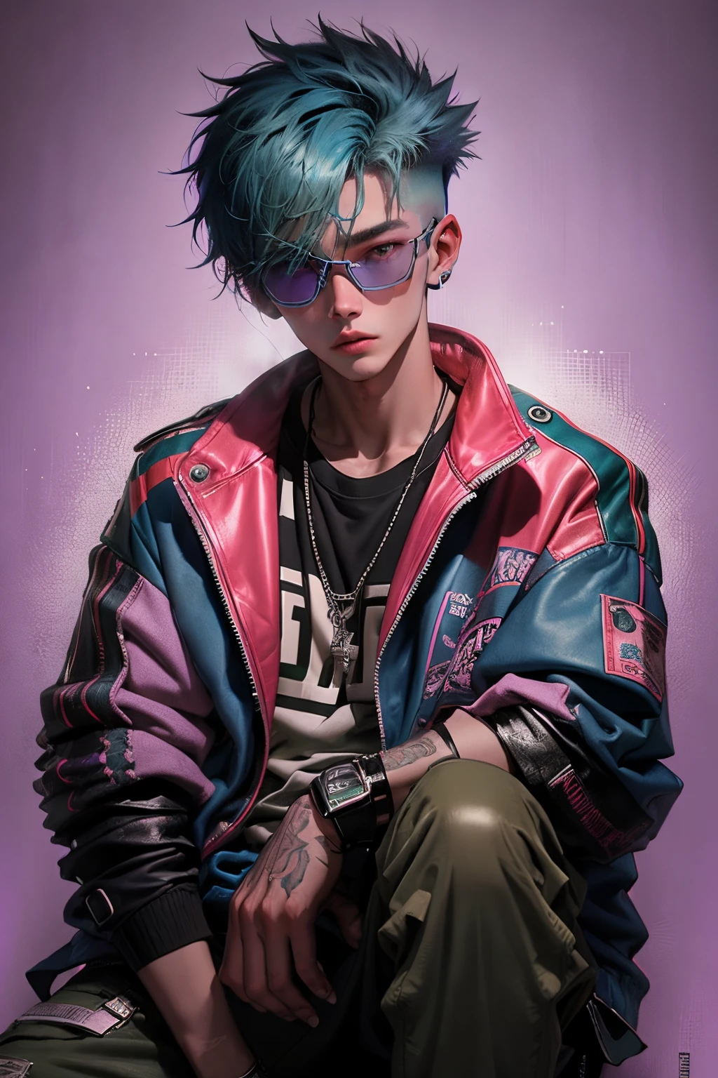 kpop young age boy with fade cut blue skin and green hair, blue eyes, open purple jacket with dark blue shirts ,wears a brown leather jacket with a white and dark-brown spotted fur collar, green pants that go down to his knees and signature green skiing goggles in top hair with a pink lenses, casino background, popstar, He has a normal Putt Putt Troll, bossy big brother", as being the leader of the group