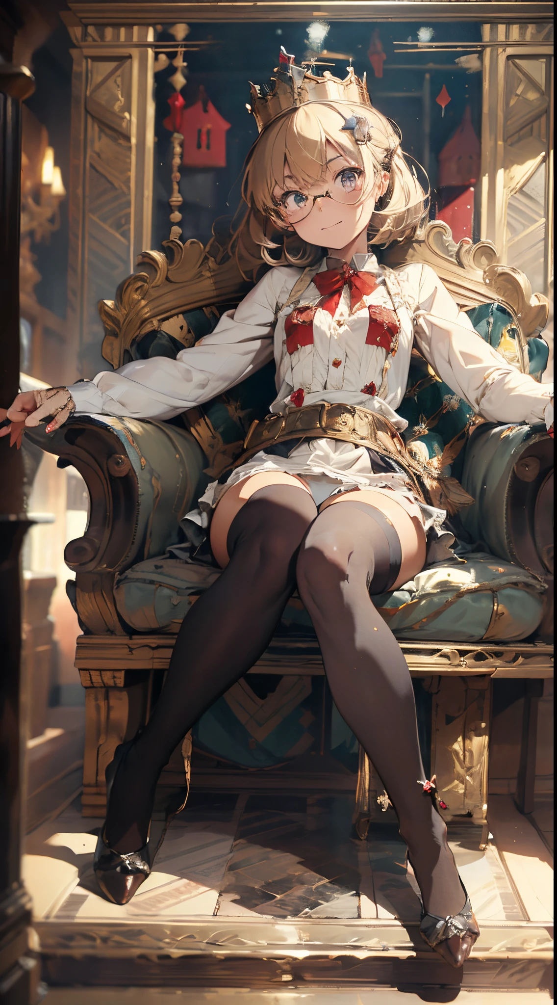 (The highest image quality, master piece:1.2), (Ultra Definition Illustration), NSFW, (very cute  princess:1.3), (1 girl:1.2), Solo, (shoot from below:1.3) ,(condescending look:1.3) NSFW, gorgeous queen dress, sitting on the throne chair, queen crown, showing panties, Full body, Round baby fsses, Blonde Short-Cut Hair), Armpits, (white thigh high pantyhose:1.2), Evil smile, mean face, Mesgaki smile, Luxurious palace rooms, Fancy Room, RPG Royale, spread legs, Beautiful legs,