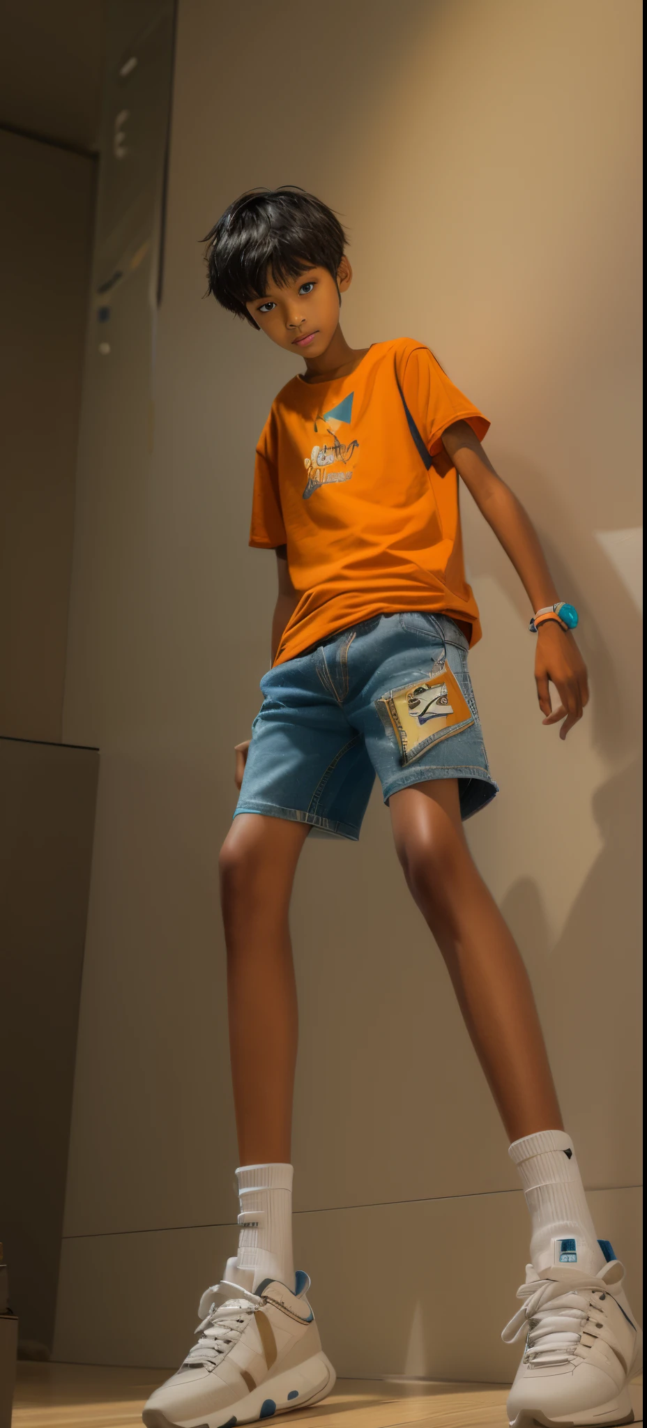 16 years old boy,Wheat-colored skin,Blue ripped denim shorts ,orange t-shirt,Big eyes and short hair,tall and lanky skinny,fully body photo,A junior high school student,Grinning,White tights,Gray Shoes