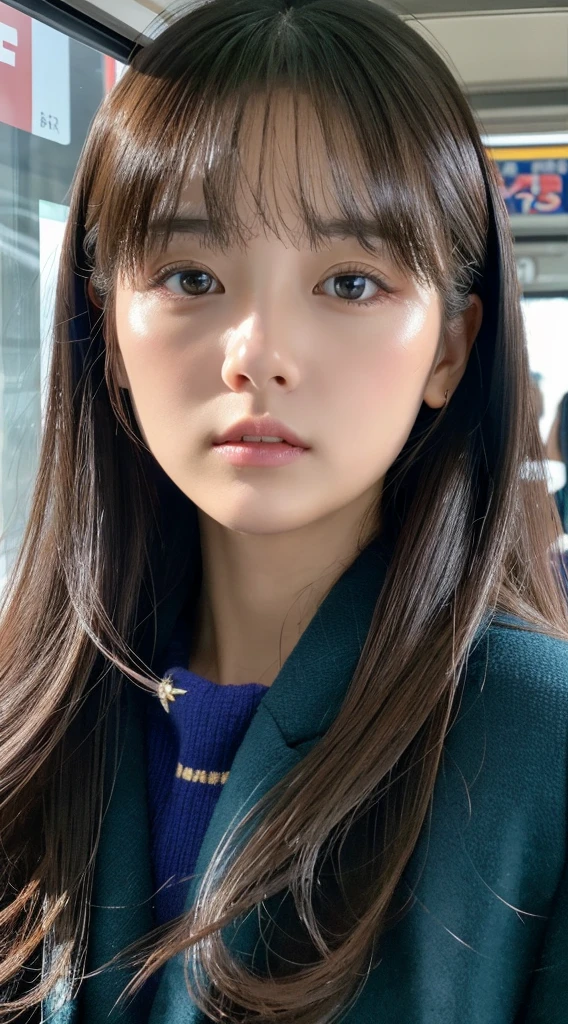 Top image quality、masterpiece、Beautuful Women、japanes、25-years old、On the train、(masuter piece:1.3)、(in 8K、Photorealsitic、Raw photography、top-quality:1.4)、(1girl in)、beautiful expression、(Lifelike face)、(A dark-haired、Realistic eyes beautiful details、(real looking skin)、Dark blue coat、muffler、absurderes、enticing、ultra res、A hyper-realistic、high detal、the golden ratio、serious faces、dual、long、Loose perm、Beautiful Japan Woman