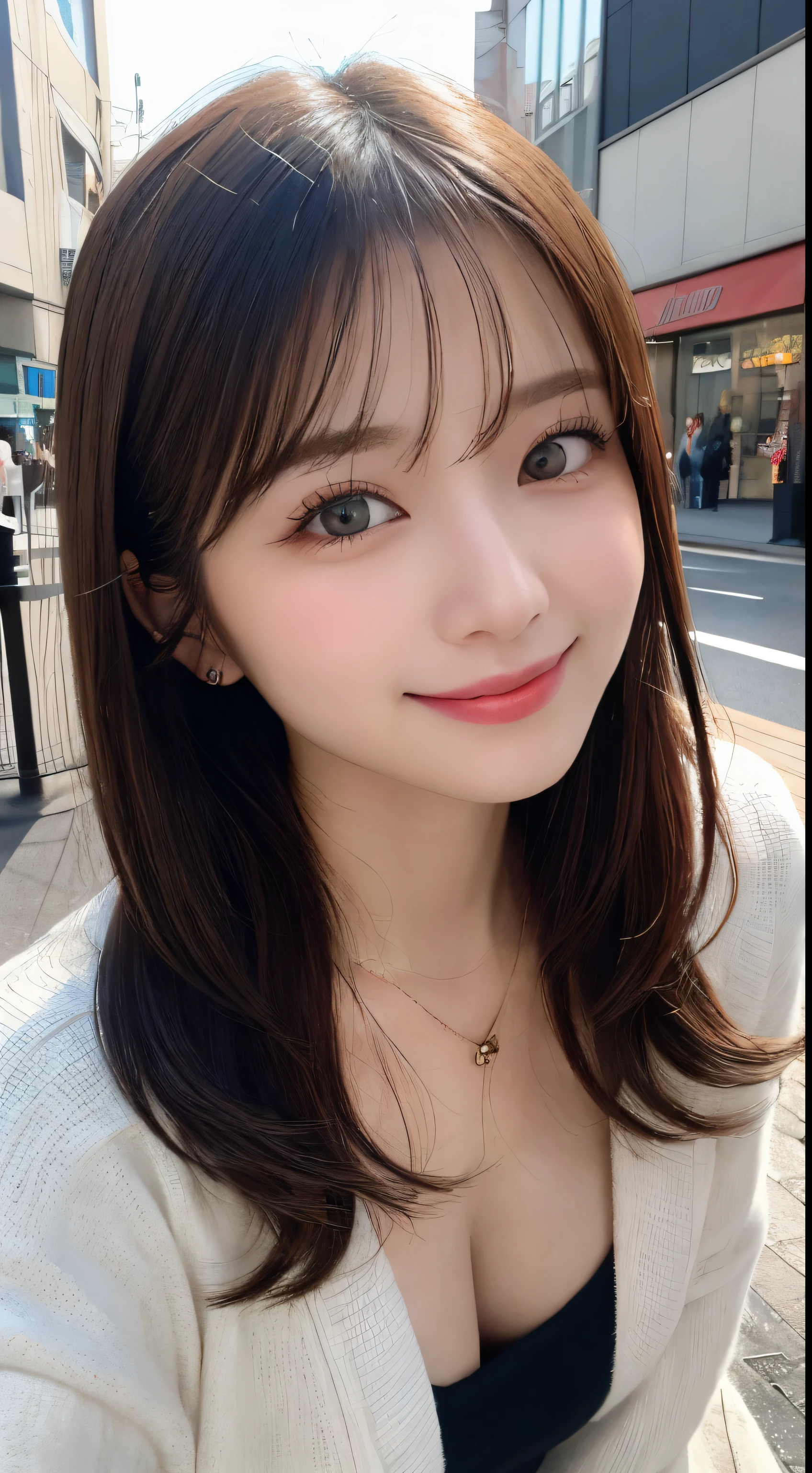 masutepiece, Best Quality, Illustration, Ultra-detailed, finely detail, hight resolution, 8K Wallpaper, Perfect dynamic composition, Beautiful detailed eyes, Trendy Women's Fashion Winter Clothes,Medium Hair,Small breasts natural color lip, Bold sexy poses,Smile,Harajuku、20 years girl、Cute、Sexy shot looking at camera,Raw photo