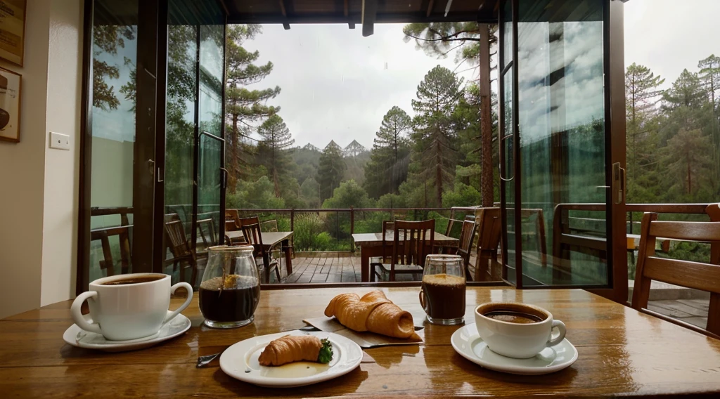 breakfast, croissants and coffee on the table, a slightly rainy street with a view of the pine forest outside