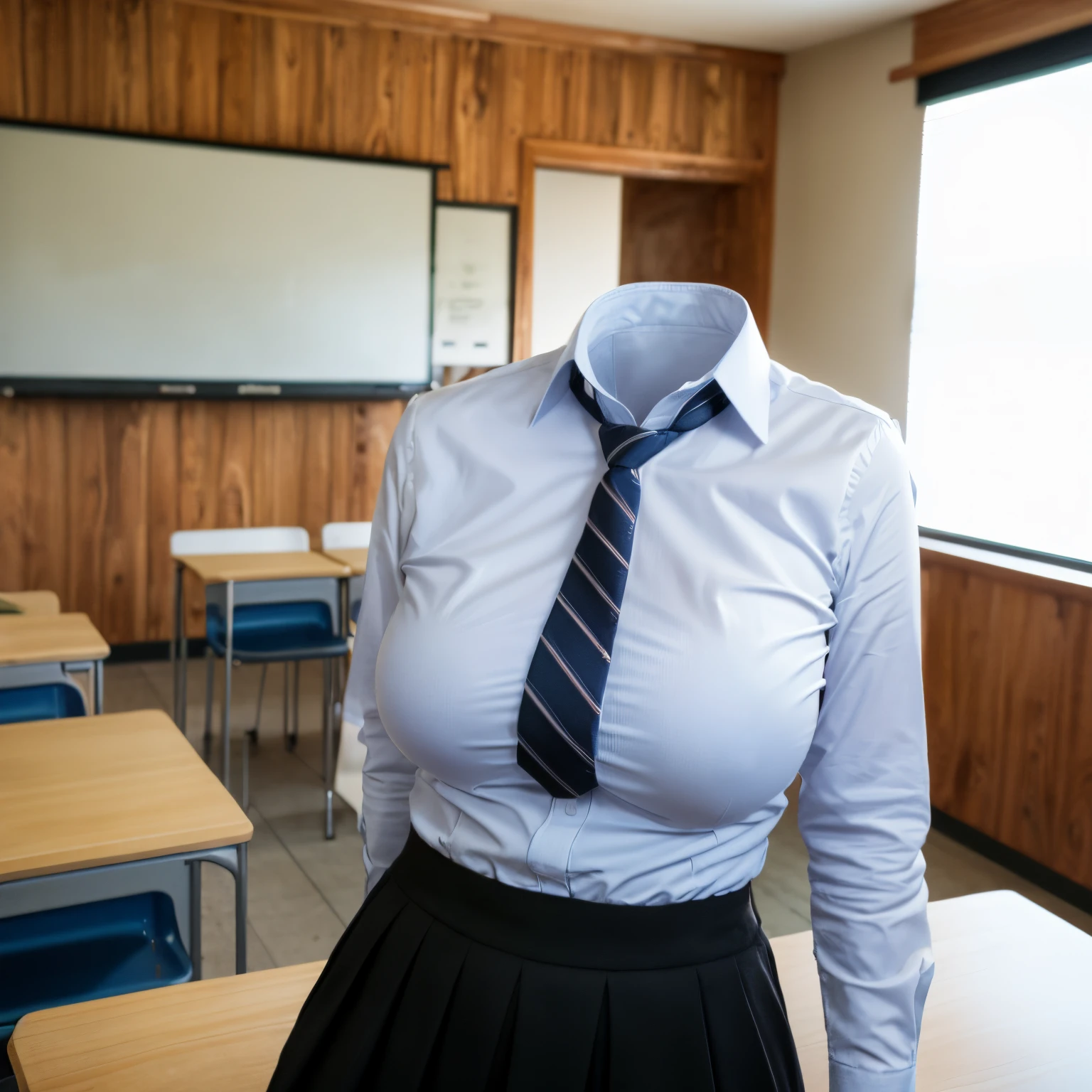 chubby, fat, white shirt, blazer, blue stripe tie, school tie, school uniform, studying in classroom, classroom, cute pose, (invisible, no humans, headless, faceless:1.5), cute big breasts, (close-up shot of breasts), (8k, RAW photo, best quality, masterpiece:1.2), (realistic, photo-realistic:1.37), photon mapping, radiosity, ((Hasselblad photography)), physically-based rendering