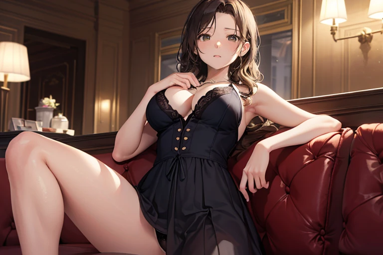 (top-quality, masterpiece, (Ultra high definition,4K), (超A high resolution,in 8K),masutepiece:1.2), (Angle from below), (Perfect Anatomy,Anatomically accurate), (Soft lighting, 光线追踪), (((Open legs sitting on a sofa in the lobby of a luxury hotel))), ((Aerith Gainsborough lookalike)), (cute school girl), Black spats, (cute nightgown), Cute panties, (Crisp double eyelids), (fascinated expression),(Large breasts:1.3),(Soft skin), (Photorealistic), (Soft skin), (colourful hair)