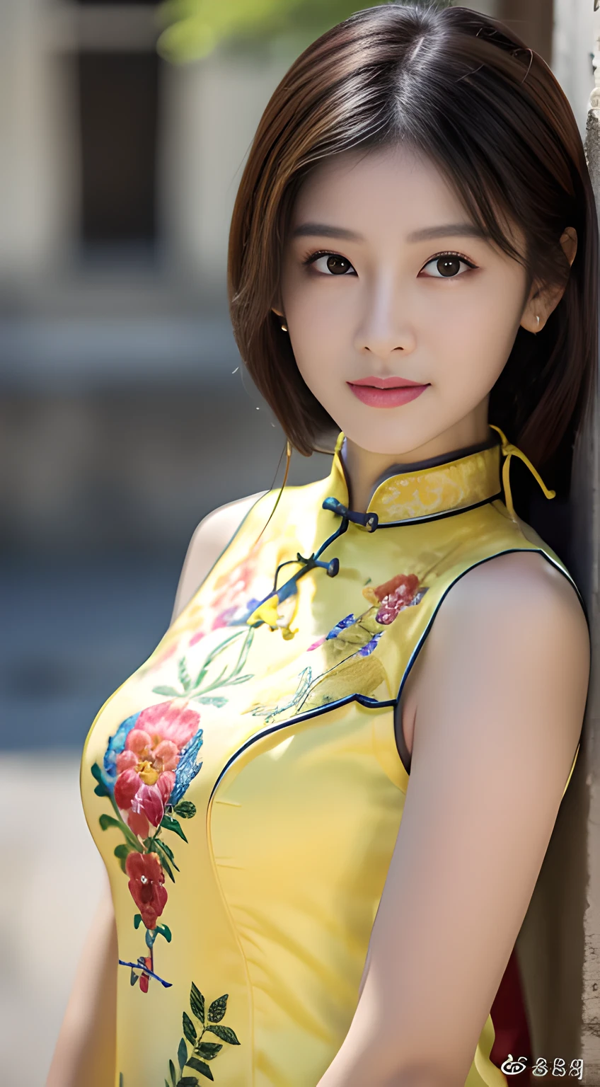 ulzzang -6500-v1.1, (Raw foto:1.2), (Photorealsitic:1.4), Delicate beautiful girl，The sparkling eyes have a very nice atmosphere.....，18year old, Attractive eyes and moist lips，cabelos preto e longos，（ssmile：1.3），Detailed depiction of the face，Formula details，Detailed depiction of facial features Star Masterpiece Fine Detail，Describe your role in detail，Detailed depiction of hair，Carefully drawn ，My body is bumpy，Detailed depiction of the hand，Clothes drawn in detail，Detailed depiction of the face，face perfect，Detailed depiction of hands drawn in the military，4fingers and 1thumb：1.3），orthofacial，choker necklace，lipsticks，eardrop，，Photo of three-quarters，Works of masters，Infinitely close to reality，（Upper body photo：1.3），Highest image quality，best qualtiy，infinite details，8K分辨率，(((Beautiful patterned embroidered cheongsam 1.3)))，(((Yellow cheongsam)))，（Ancient courtyard scene：1.3）
