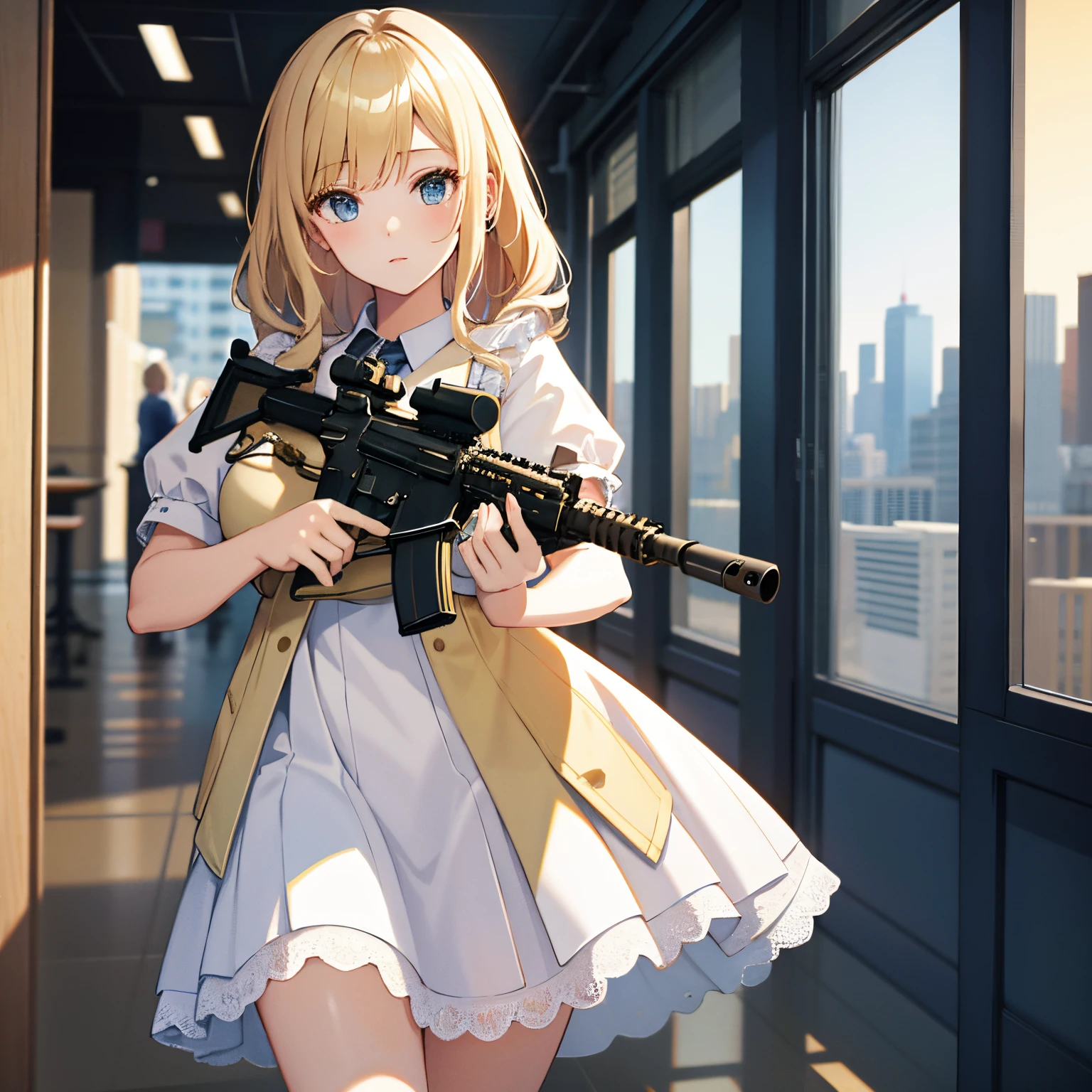 (masterpiece:1.2), best quality, highres, original, extremely detailed wallpaper, perfect lighting,(extremely detailed CG:1.2), 8k, illustration, 1 girl in, m4 carbine，holding gun, blond hair, white sailor dress, shiny and delicate clothes,