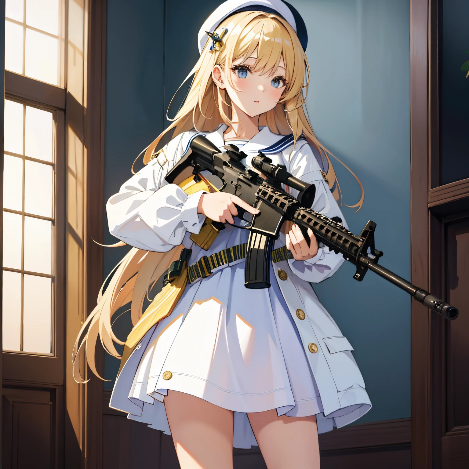 (masterpiece:1.2), best quality, highres, original, extremely detailed wallpaper, perfect lighting,(extremely detailed CG:1.2), 8k, illustration, 1 girl in, m4 carbine，holding gun, blond hair, white sailor dress, shiny and delicate clothes,