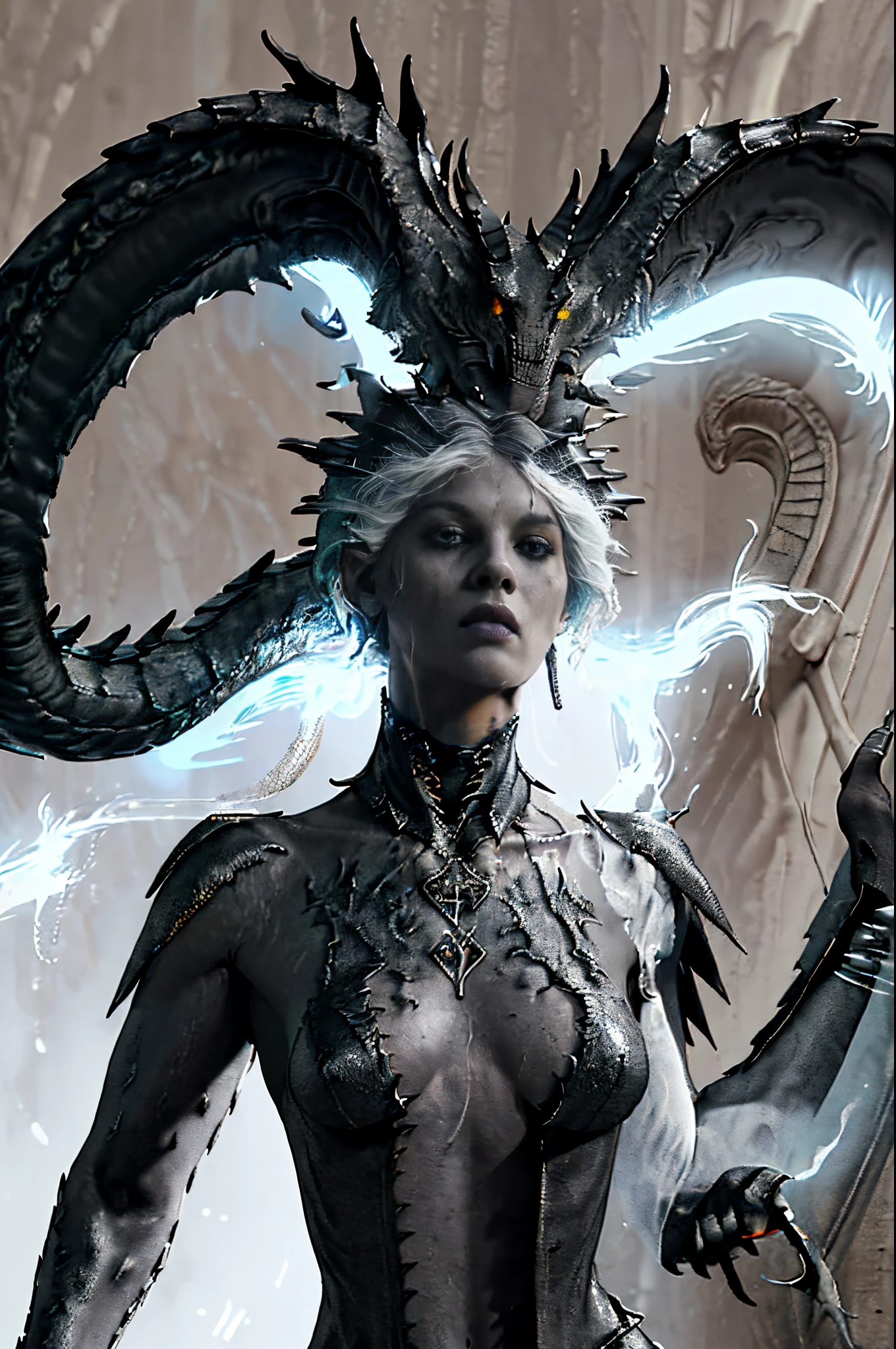 woman made of stone,black humanoid, Upper part of the body, upper part of body, ((tmasterpiece, Best quality at best)),  A large amount of white current surges out of the body, Muscular, ((Descendants of dragons))，White hair, ，Detailed background depth of field,