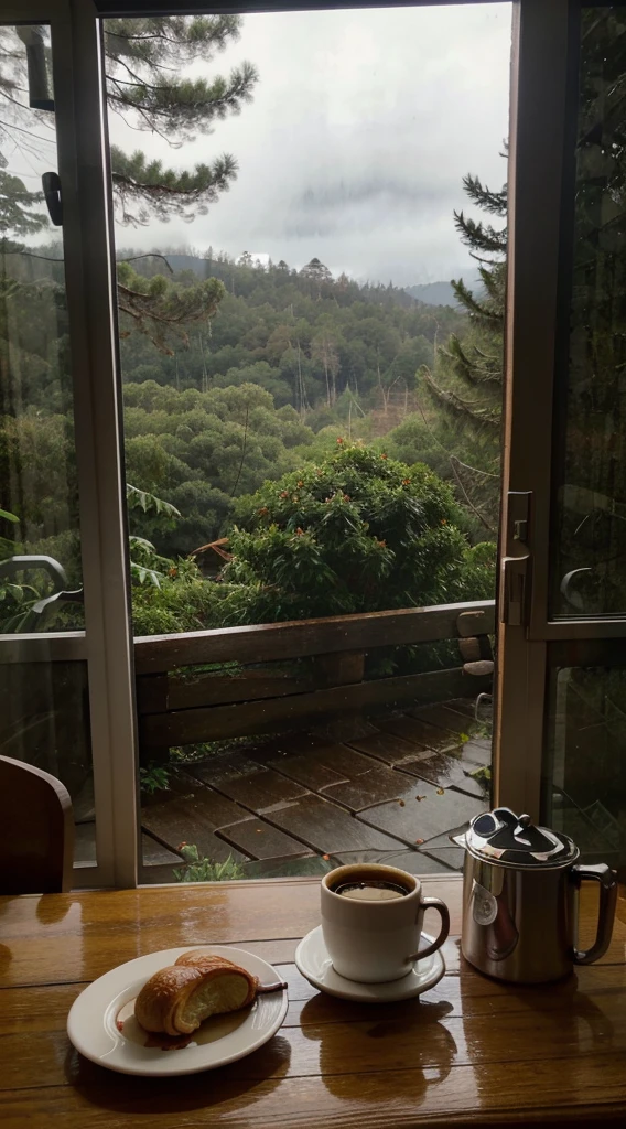 breakfast, a single croissant and coffee on the table, a slightly rainy street with a view of the forest outside from the pine trees
