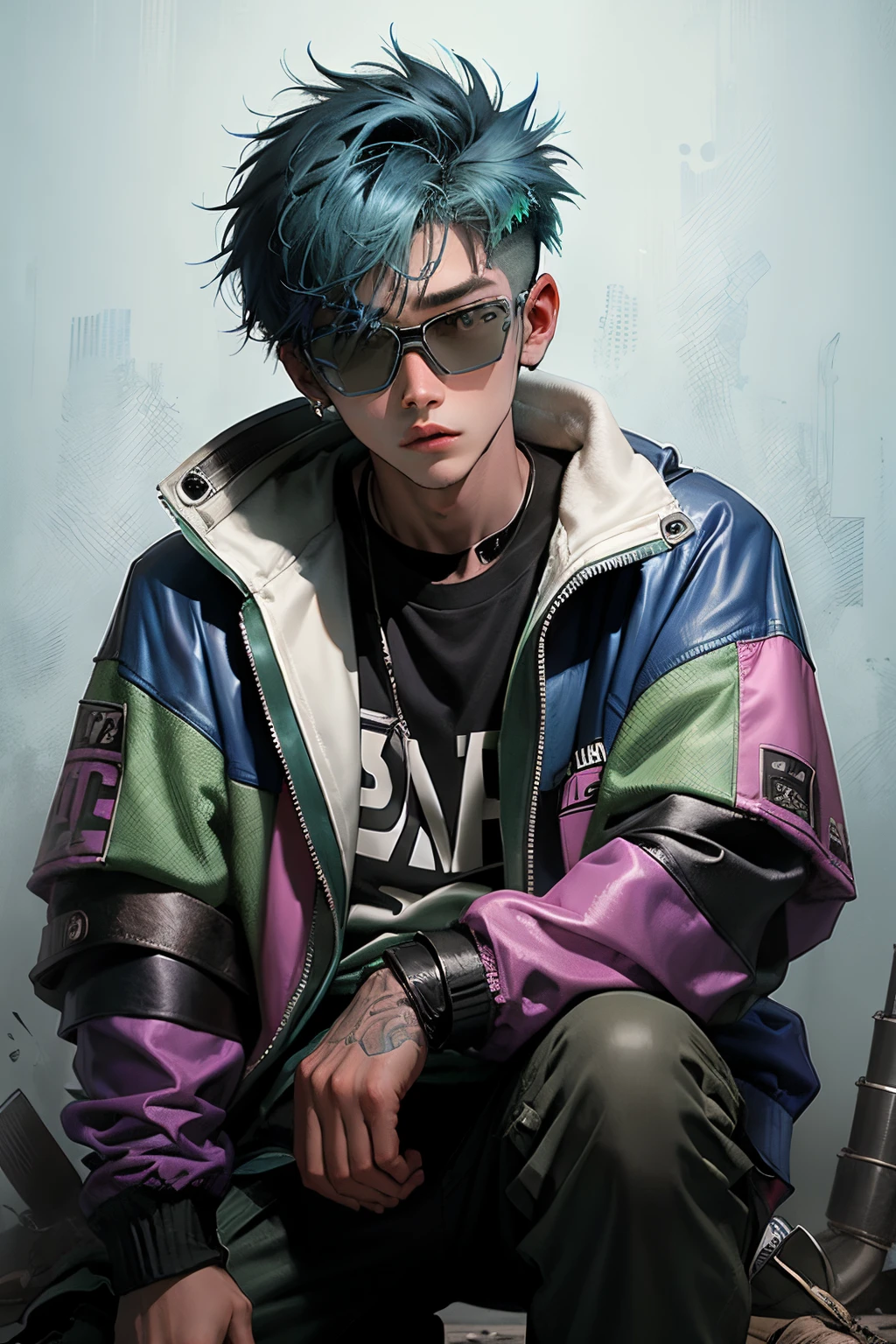 kpop young age boy with fade cut blue skin and green hair, blue eyes, open purple jacket with dark blue shirts ,wears a brown leather jacket with a white and dark-brown spotted fur collar, green pants that go down to his knees and signature green skiing goggles in top hair with a pink lenses, casino background, popstar, He has a normal Putt Putt Troll, bossy big brother", as being the leader of the group