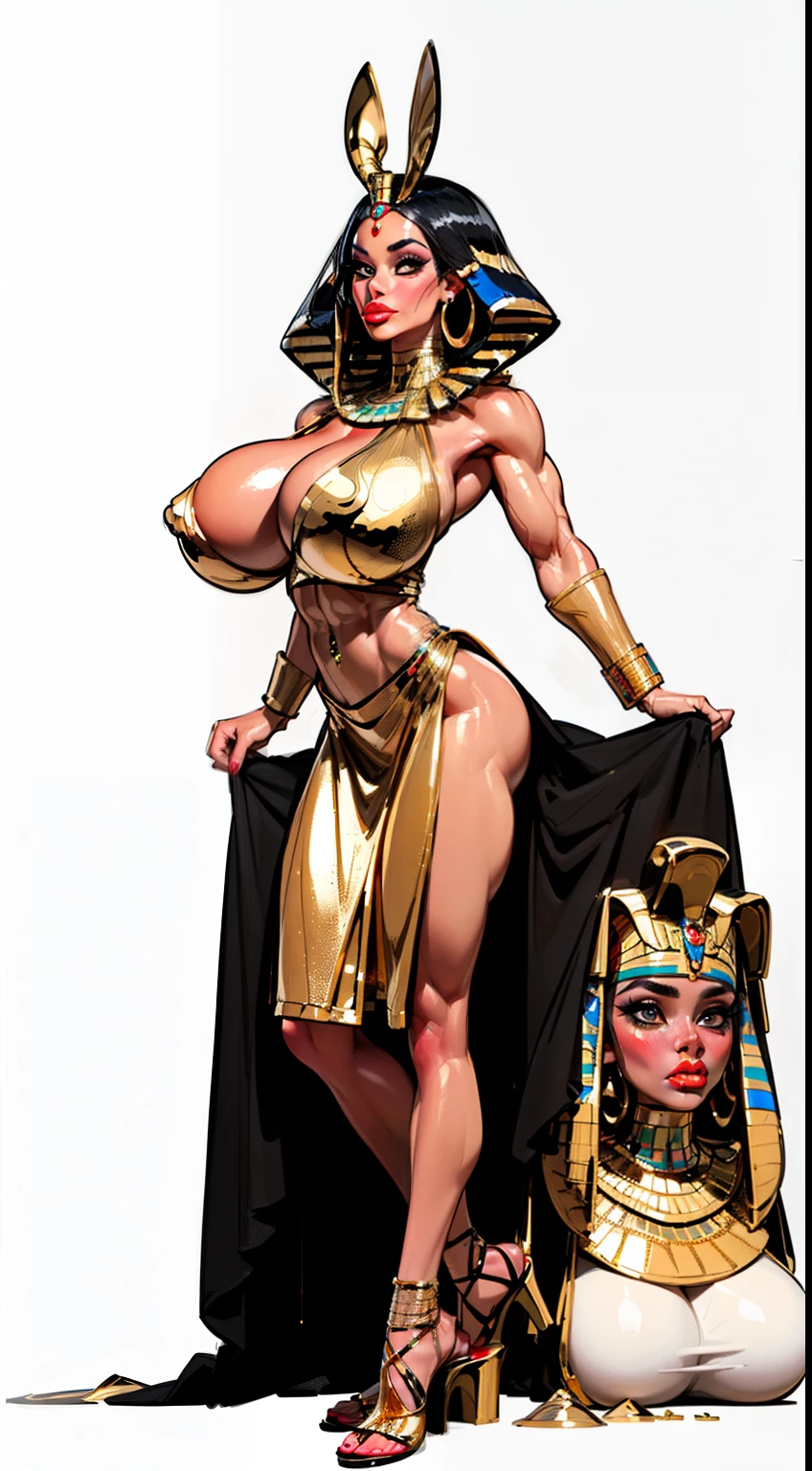 ((side profile)), ((full body view:1.4)), ((masterpiece)),(((best quality))), ((egyptian empress, mature face)), ((middle eastern eyes:1.4)), ((golden gown)), (((septum piercing)), defined cheekbones, high cheekbones, illustration, ((muscular:1.3)), ((gold:1.4)), sexy bimbo, (gigantic breasts:1.7) ((long Egyptian headpiece)), black hair, ((detailed face:1.4)) beautiful woman, (egyptian:1.4), colored skin, (black skin:1.4) , (red lipstick:1.4), shiny skin, ((skindentation)), (black skin), scribbles and marks,(puffy lips:1.4) , (temple: 1.5), ( at night: 1.5), rough sketches, pose, 8k,16k, ( background, white background: 1.3) ((warm color palette)), ((future model aesthetic))