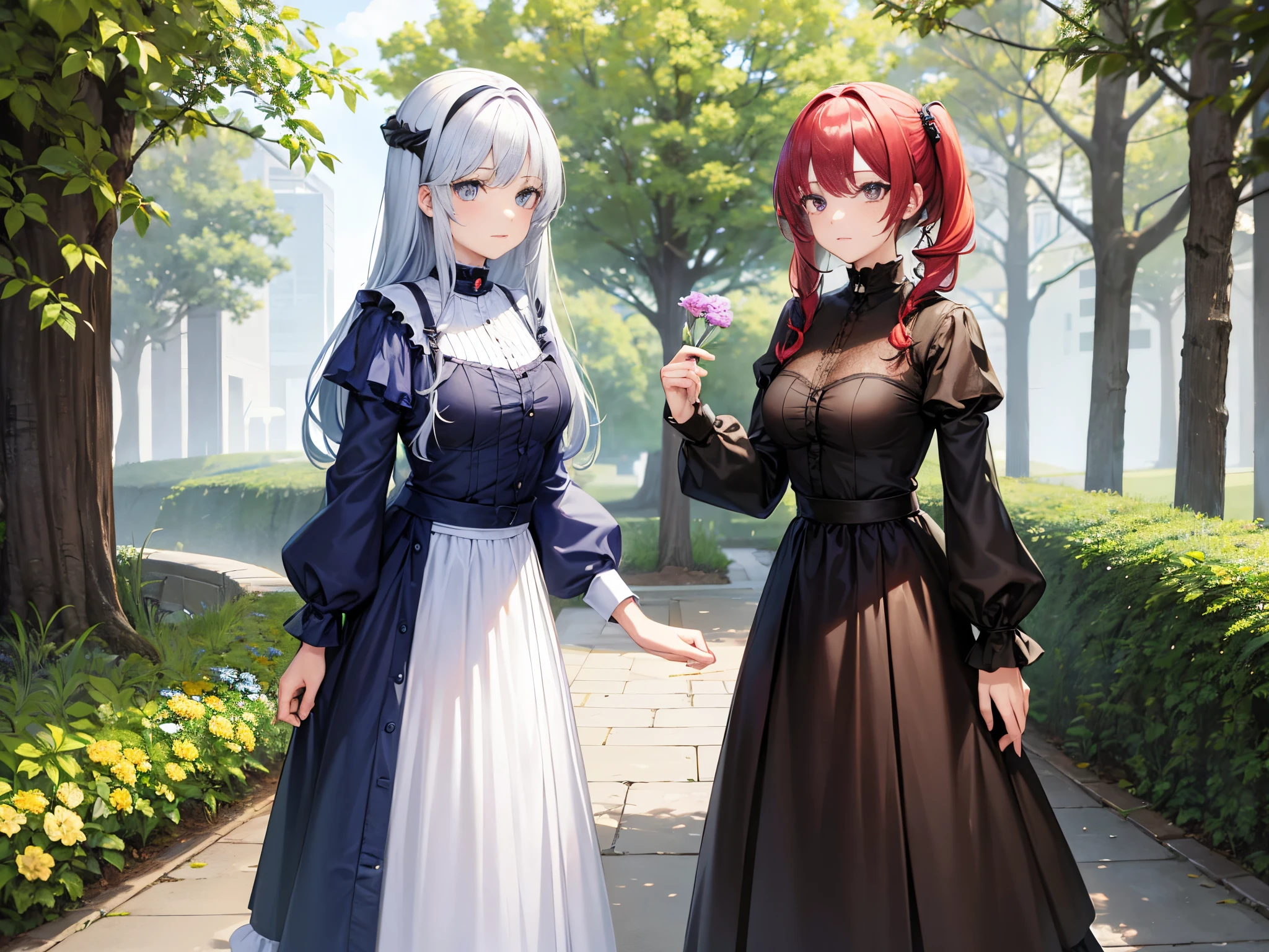 female twins, hair styles different, hair colors different, iris colors different, outfits different, standing side by side,