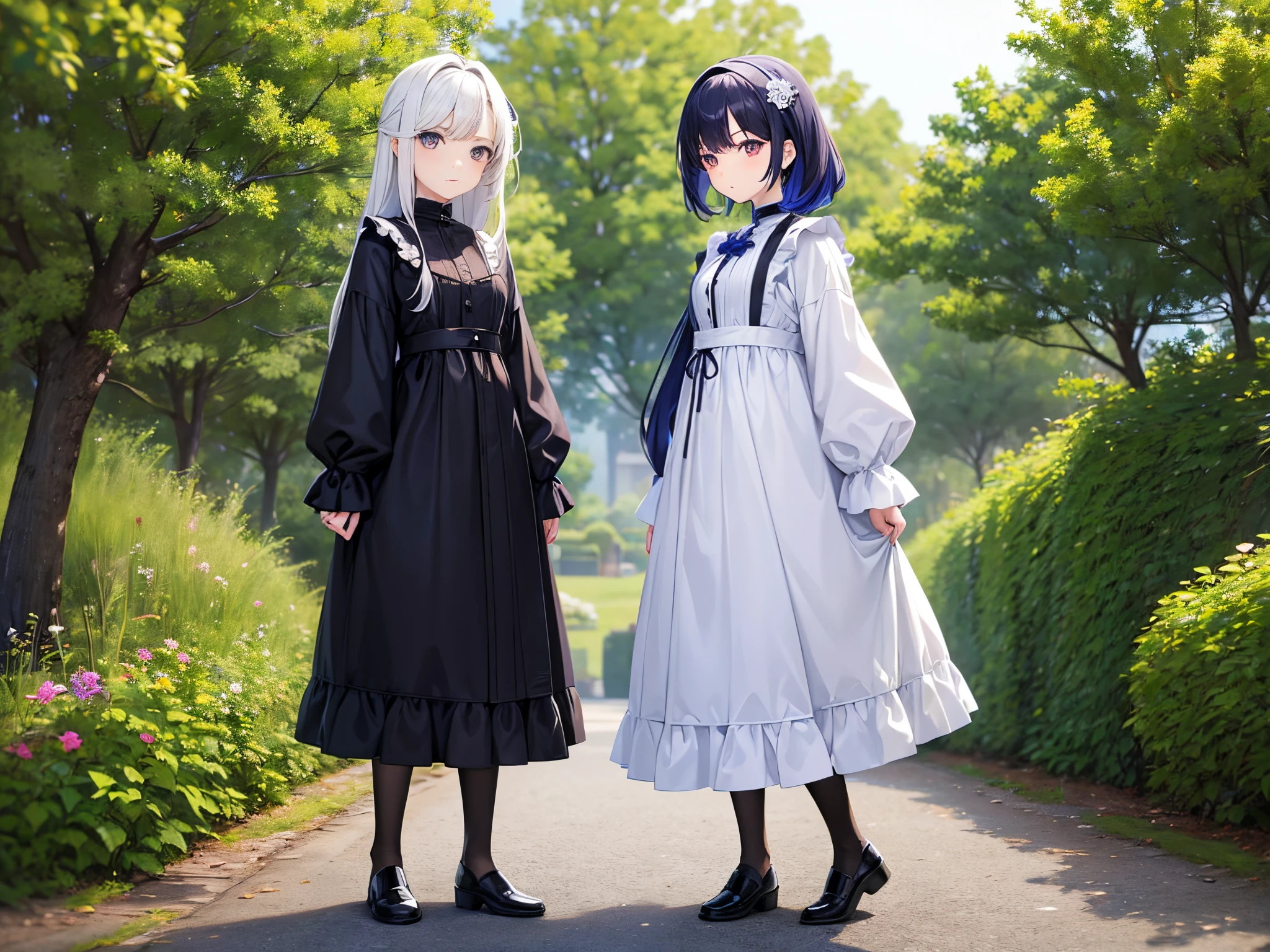 female twins, hair styles different, hair colors different, iris colors different, outfits different, standing side by side,