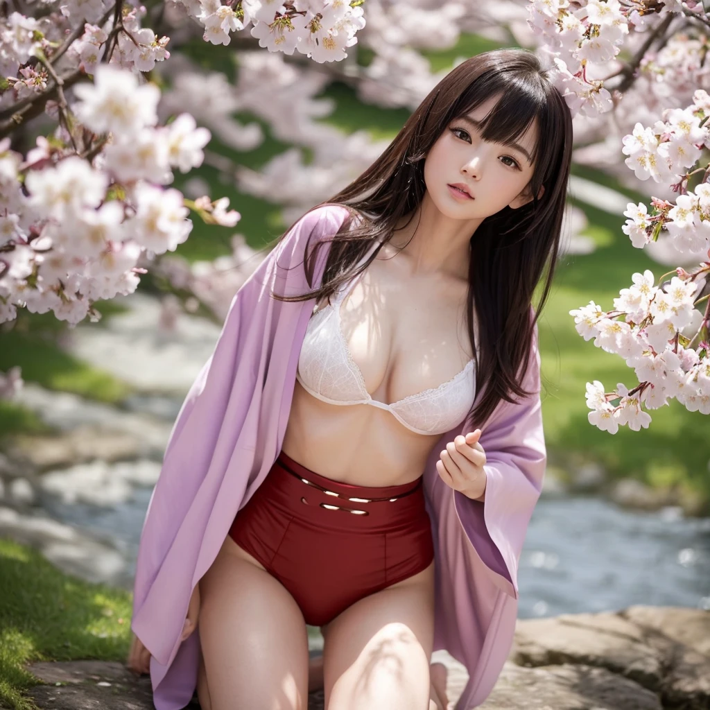 (Purple kimono)、(top-quality,​masterpiece:1.3,超A high resolution,),(ultra-detailliert,Caustics),(Photorealsitic:1.4,RAW shooting,)Ultra-realistic capture,A highly detailed,high-definition16Kfor human skin、 Natural Skin Texture、、The skin looks healthy with an even tone、 Use natural light and color,One Woman,japanes,kawaii,A dark-haired,very big hair,(depth of fields、chromatic abberation、、Wide range of lighting、Natural Shading、)、(Cherry blossoms in the air:1.2)、(Hair swaying in the wind:1.2)、(Cherry blossoms reflect light:1.1)、Cleavage can be seen through the exposed kimono、Legs visible through exposed kimono（Red garter belt、Crotch visible through exposed kimono、Kneel, spread your legs and look up、(Hair swaying in the wind:1.2)、 Background with: Castle at night、Perfect anatomical body proportions、Legs open and thighs open:2.8、small red micro panties、Panty shot from below、garterbelts、Facing forward、 M-shaped legs:2.8、wide open the crotch、Bend your knees、(Legs wide open)、Open your thighs、lift your butt to the limit、Yellow water drips from genitals