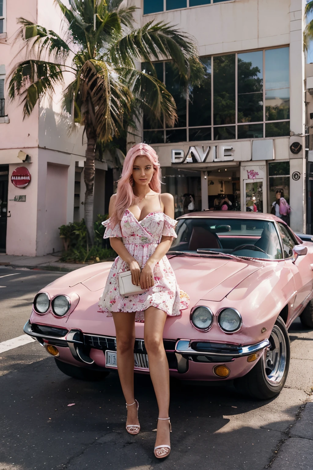 Make another scene with the same style, barbie is now outside the perfume store, now she's holding the perfume store bag, shes about to enter her car, her car is a C1 Corvette, pink with white, C1 Corvette, shes wearing a checkered pink and white dress and the background is showing a urban 80 California, with palm trees and a lot of pink flowers.