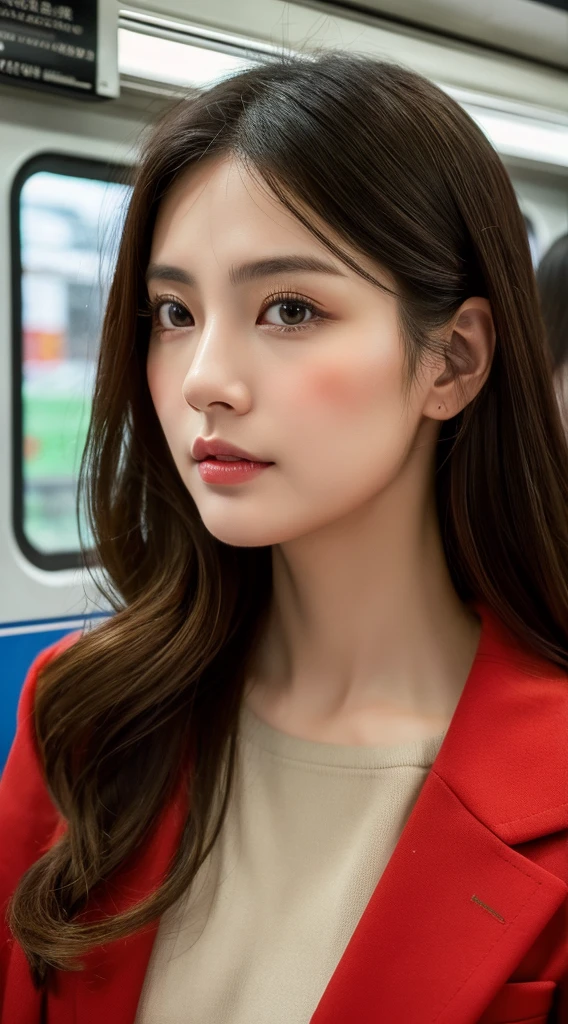 Top image quality、masterpiece、Beautuful Women、japanes、25-years old、On the train、(masuter piece:1.3)、(in 8K、Photorealsitic、Raw photography、top-quality:1.4)、(1girl in)、美丽的面容、(Lifelike face)、(A dark-haired、realistic eyes beautiful details、(real looking skin)、Red coat、absurderes、enticing、ultra res、A hyper-realistic、high detal、the golden ratio、Straight face、dual、long、Loose perm、Beautiful Japan Woman