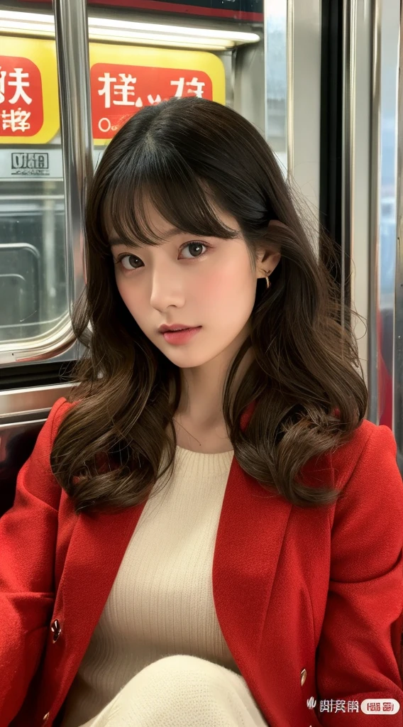 Top image quality、​masterpiece、Beautuful Women、japanes、25-years old、On the train、（masuter piece：1.3）、（in 8K、Photorealsitic、Raw photography、top-quality：1.4）、（1girl in）、美丽的面容、（Lifelike face）、（A dark-haired、realistic eyes beautiful details、（real looking skin）、Red coat、absurderes、enticing、ultra res、A hyper-realistic、high detal、the golden ratio、Straight face、dual、long、Loose perm、Beautiful Japan Woman