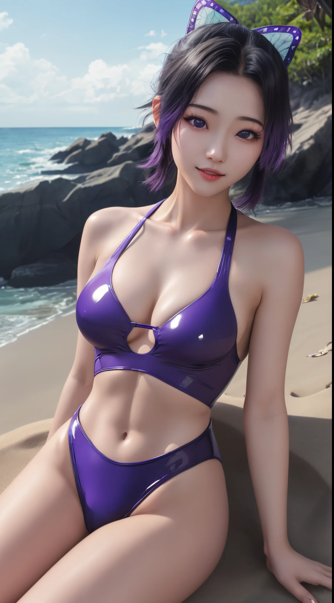 masterpiece、top-quality、hightquality、Top image quality、8K、Top resolution、hight resolution、Raw photo、photos realistic、realistic atmosphere、(Detailed face)、(Detailed hand、Thumbs1References4)、Japanese beauty 、Very nice face、Beautiful face、18 year old beautiful girl、fullllbody、small breasts with rounded upturn、Athlete Body、shinny skin、Fair skin、Realistic human skin、Perfect body, face perfect, perfect hand, Perfect Finger, Perfect lips, perfect eyes,perfect teeth、Perfect background, perfect vibe, Professional quality, Perfect Photo,Perfect Volume Lighting, hight quality octane render, high quality vectors, ultra - detailed,Clear skin,Perfect Skin, (masterpiece、Premium Quality:1.2)、looking in camera、copious sweat on the body、red blush、breasts indentation、shiny(full of sweat:1.3), (realisitic、Photorealsitic:1.37)、natural soft light、photon maping、二重まぶた、 (The shape of the nipples is clearly visible)、(pubic shape clearly visible)、((Demon Slayer(A girl who looks like Shinobu Kocho))、Resort Beach、beautiful ocean、Beautiful sandy beach、On the edge of the beach、Kneeling、opening legs、((Transparent vinyl purple slingshot high leg swimsuit))、sexypose