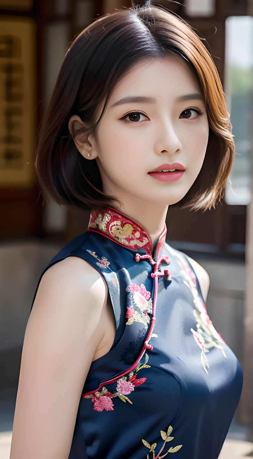 ulzzang -6500-v1.1, (Raw foto:1.2), (Photorealsitic:1.4), Delicate beautiful girl,The sparkling eyes have a very nice atmosphere.......,18year old, Attractive eyes and moist lips,cabelos preto e longos,(ssmile:1.3),Detailed depiction of the face,Formula details,Detailed depiction of facial features Star Masterpiece Fine Detail,Describe your role in detail,Detailed depiction of hair,Carefully drawn ,My body is bumpy,Detailed depiction of the hand,Clothes drawn in detail,Detailed depiction of the face,face perfect,Detailed depiction of hands drawn in the military,4fingers and 1thumb:1.3),orthofacial,choker necklace,lipsticks,eardrop,,Photo of three-quarters,Works of masters,Infinitely close to reality,(Upper body photo:1.3),Highest image quality,best qualtiy,infinite details,8K分辨率,(((Beautiful patterned embroidered cheongsam 1.3))),((dark blue qipao))),(Ancient courtyard scene:1.3)