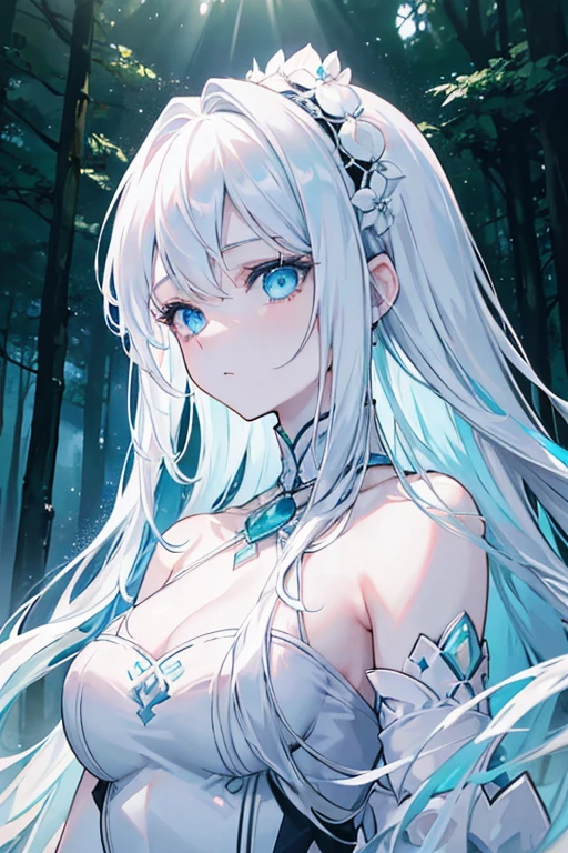 a girl with long white hair, White skin of the, Aqua blue eyes, In a forest of movie lights, Dark and low light. She wore a white dress,  She has fair skin, Her face  exquisite and flawless, tmasterpiece, Art of the highest quality. Image highly detailed 8K CG wallpaper, Featuring artistic cinematic lighting and cinematic tones with neutral filters.