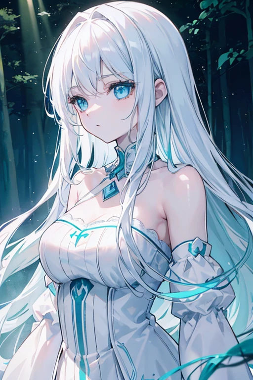 a girl with long white hair, White skin of the, Aqua blue eyes, In a forest of movie lights, Dark and low light. She wore a white dress, She has fair skin, Her face exquisite and flawless, tmasterpiece, Art of the highest quality. Image highly detailed 8K CG wallpaper, Featuring artistic cinematic lighting and cinematic tones with neutral filters.