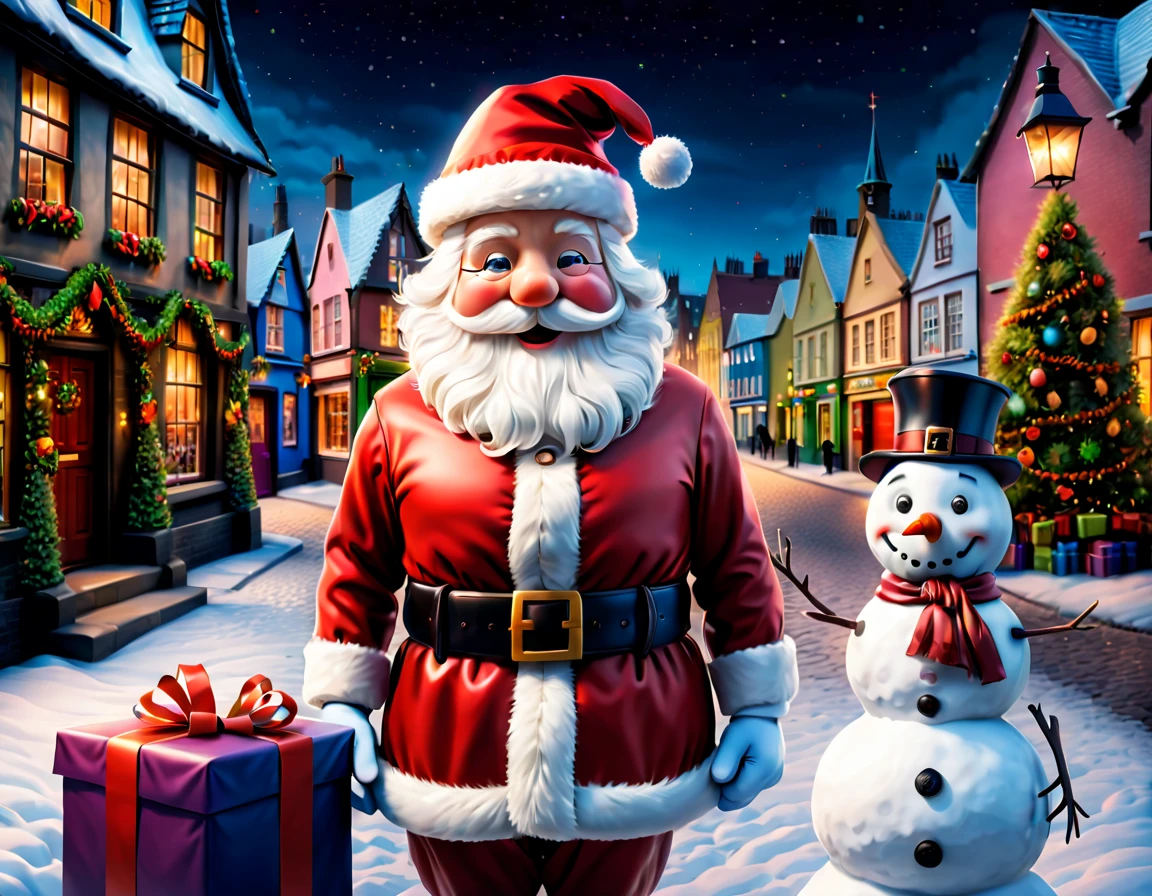 (Snowy night in Christmas town: 1.4), (tmasterpiece, middle, santa, gifts, European Christmas elements，1 snowman wearing a Santa hat: 1.5) , (British - chic illustration: 1.2, vector drawing: 1.2), (british colors, Premium color), (The texture  clear, High- sharpness, Best quality at best, The  very detailed, tmasterpiece, offcial art, movie light effect, 4K, Anatomically correct, Complete character composition, British children&#39;s facial features, Correct human hand characteristics)，(vibrant with colors，Ultra-high saturation，The higher the natural saturation)