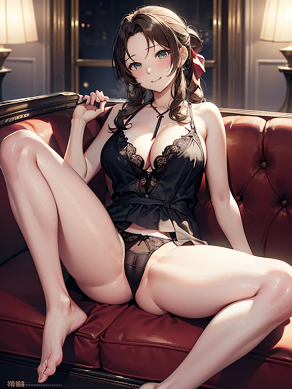 (top-quality, masterpiece, (Ultra high definition,4K), (超A high resolution,in 8K),masutepiece:1.2), (Angle from below), (Perfect Anatomy,Anatomically accurate), (Soft lighting, 光线追踪), (((Open legs sitting on a sofa in the lobby of a luxury hotel))), ((Aerith Gainsborough lookalike)), (cute school girl), Black spats, (cute nightgown), Cute panties, (Crisp double eyelids), (fascinated expression),(Large breasts:1.3),(Soft skin), (Photorealistic), (Soft skin), (colourful hair)