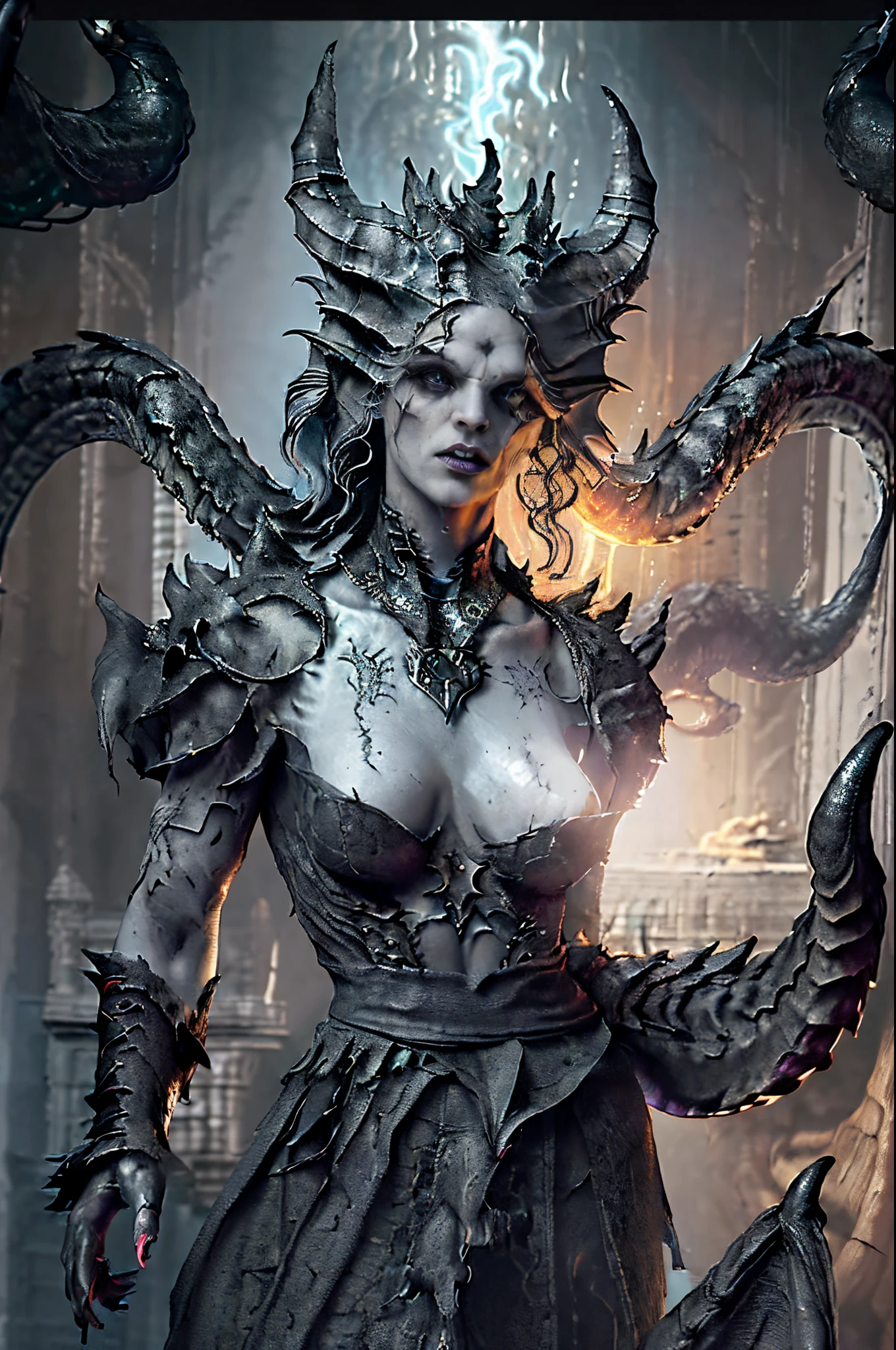 woman made of stone,black humanoid, Upper part of the body, Upper part of the body, ((tmasterpiece, Best quality)),  A large amount of white current surges out of the body, musculous, ((Descendants of dragons))，White hair, ，((picure))，Detailed background depth of field,