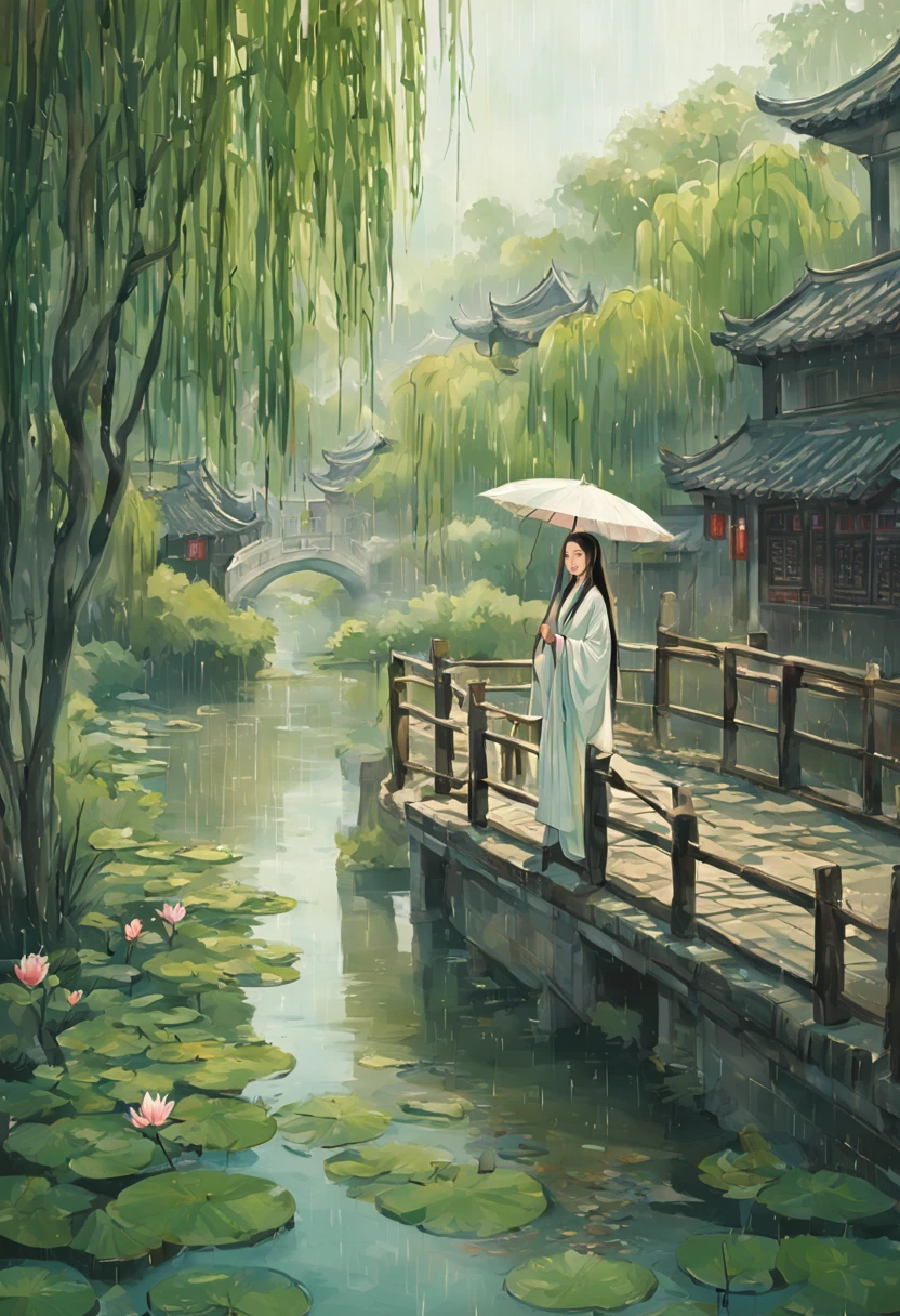ancient china, morning Jiangnan old town, china old town with houses, river flow through the town, willow trees on river banks, china ancient houses, an ancient-style bridge across the river, 1 girl standing on the bridge seeing the river with long hair wearing white long flowing robes, umbrella in her hand, rain, waterlily flower, mint-color background, spring