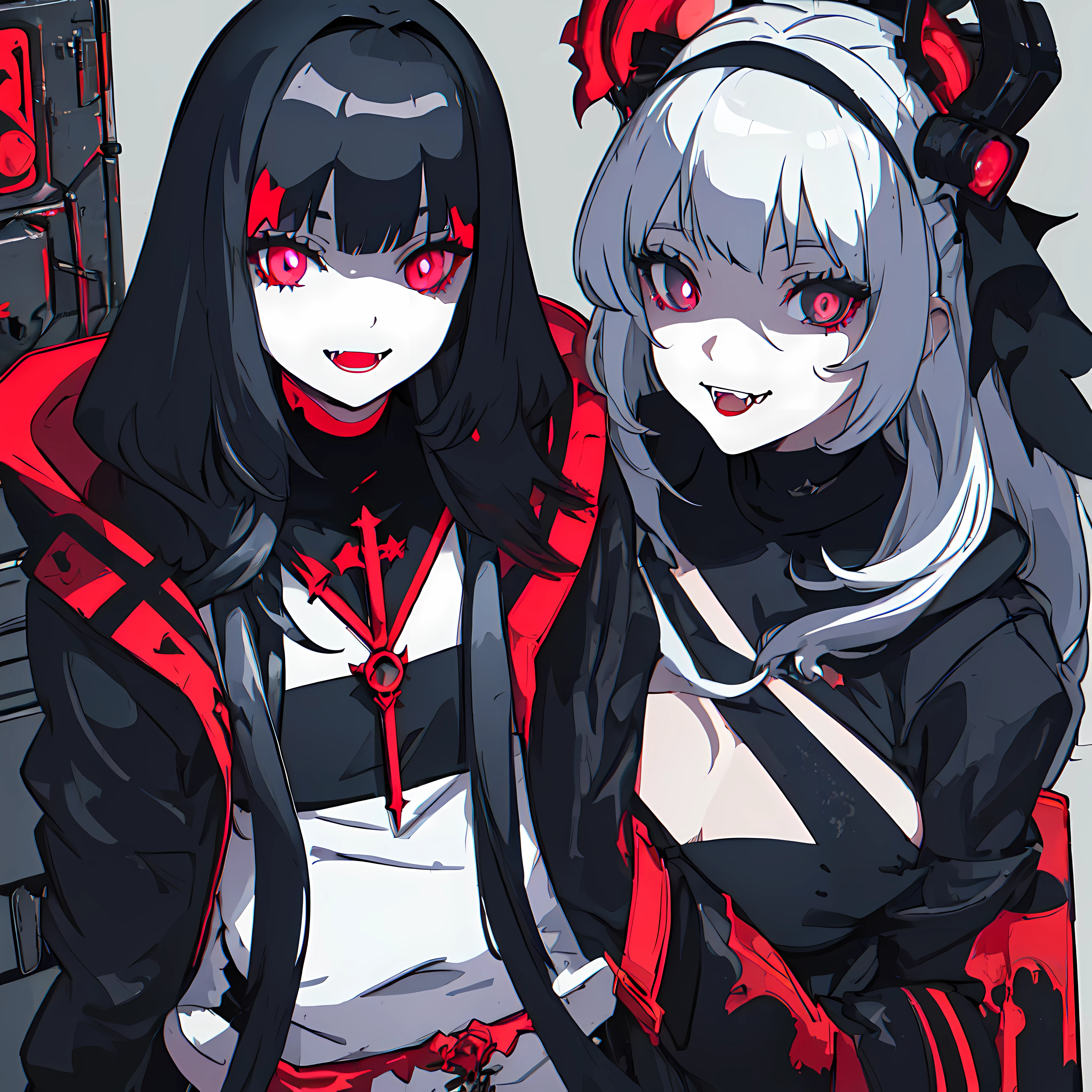 Alternative Goth Vampire girl smiling with vampire fangs, Dark Wave, Sythnetic, Occultic, Instagram Girl, Fashion Iconography mixed Religious Iconography, photoshoot vibe, multi-colored chromatic color variation, Cyber Dystopian, thick drawn lines,