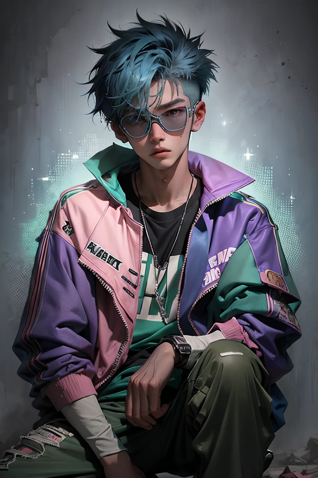 kpop young age boy with fade cut blue skin and green hair with signature green skiing goggles in top hair with a pink lenses, blue eyes, open purple jacket with dark blue shirts ,wears a brown leather jacket with a white and dark-brown spotted fur collar, green pants that go down to his knees , casino background, popstar, He has a normal Putt Putt Troll, bossy big brother", as being the leader of the group