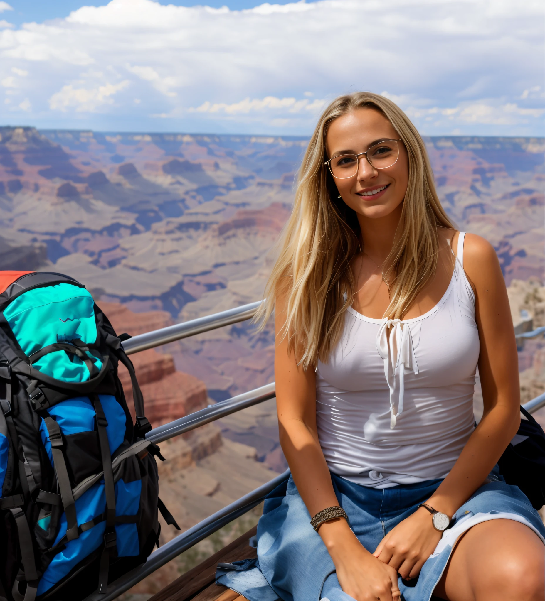 20  years old beautiful blond girl  sitting on a bench with a backpack , grand canyon in background,  vacation photo, grand canyon, taken in 2 0 2 0, full subject shown in photo with the face of timothee chalamet