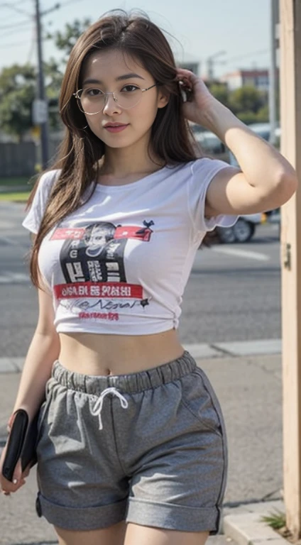 ((bestquality, 10, masterpiece: 1.3)), Fat Body Beauty: 1.4, Chinese Beauty, busty: 1.6, Rounded thighs: 1.6, long-haired, Highly detailed face and skin texture, delicate eyes, 二重まぶた, round face, thin lips, smile, Rich shape, Fair-skinned, (t-shirt,On the front of the shirt there is a message:"Chiang Mai", short pants: 1.6), standing pose, round glasses, (environment, in the city,Tokyo Metropolitan Area,japan,),