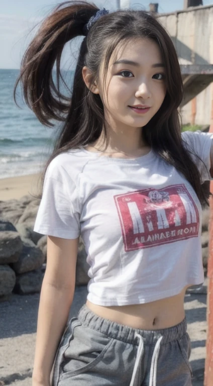 ((bestquality, 10, masterpiece: 1.3)), Fat Body Beauty: 1.4, Chinese Beauty, busty: 1.6, Rounded thighs: 1.6, long-haired, Highly detailed face and skin texture, delicate eyes, 二重まぶた, round face, thin lips, smile, Good shape, Fair-skinned, (t-shirt, short pants: 1.6), standing pose, round glasses, Landscape background, (environment, The sea, beach),