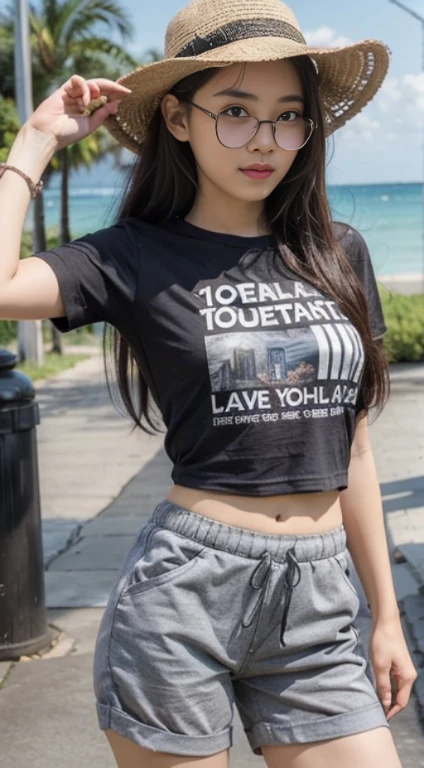 ((bestquality, 10, masterpiece: 1.3)), Fat Body Beauty: 1.4, Chinese Beauty, busty: 1.6, Rounded thighs: 1.6, long-haired, Highly detailed face and skin texture, delicate eyes, 二重まぶた, round face, thin lips, smile, Good shape, Fair-skinned, (t-shirt, short pants: 1.6), standing pose, round glasses, Landscape background, (environment, The sea, beach),