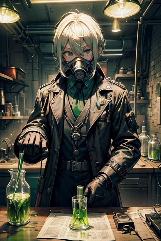 male people、Dr、silber hair、Old people、On the desk(Erlenmeyer flask、beakers、centrifuge）、He has a test tube containing a green liquid.、There is green liquid on the black lab coat.、Wearing a heavily armed gas mask、The room is steampunk、Wearing black gloves、