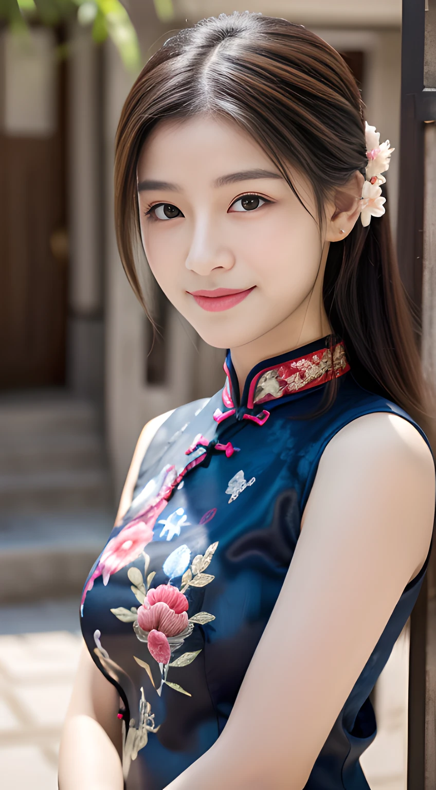 ulzzang -6500-v1.1, (Raw foto:1.2), (Photorealsitic:1.4), Delicate beautiful girl，The sparkling eyes have a very nice atmosphere........，18year old, Attractive eyes and moist lips，cabelos preto e longos，（ssmile：1.3），Detailed depiction of the face，Formula details，Detailed depiction of facial features Star Masterpiece Fine Detail，Describe your role in detail，Detailed depiction of hair，Carefully drawn ，My body is bumpy，Detailed depiction of the hand，Clothes drawn in detail，Detailed depiction of the face，face perfect，Detailed depiction of hands drawn in the military，4fingers and 1thumb：1.3），orthofacial，choker necklace，lipsticks，eardrop，，Photo of three-quarters，Works of masters，Infinitely close to reality，（Upper body photo：1.3），Highest image quality，best qualtiy，infinite details，8K分辨率，(((Beautiful patterned embroidered cheongsam 1.3)))，((dark blue qipao)))，（Ancient courtyard scene：1.3）,Bewitching smile