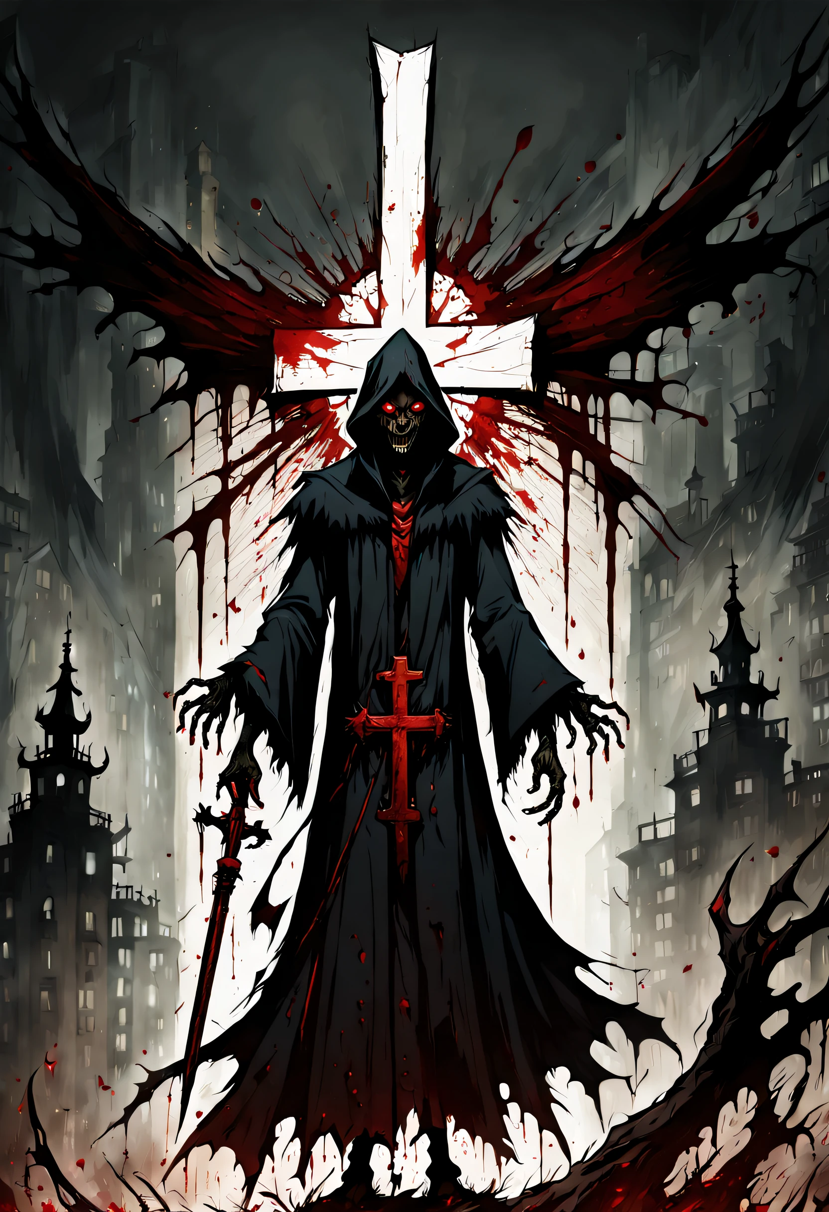 (Dark, crawling, devilish figure),(Cloak),(Ragackground with),(tmasterpiece),(Complicated details),(high qulity),(character design),(red eyes),(Homem-Imponente),(Raise Hand!),(bloody inverted cross)