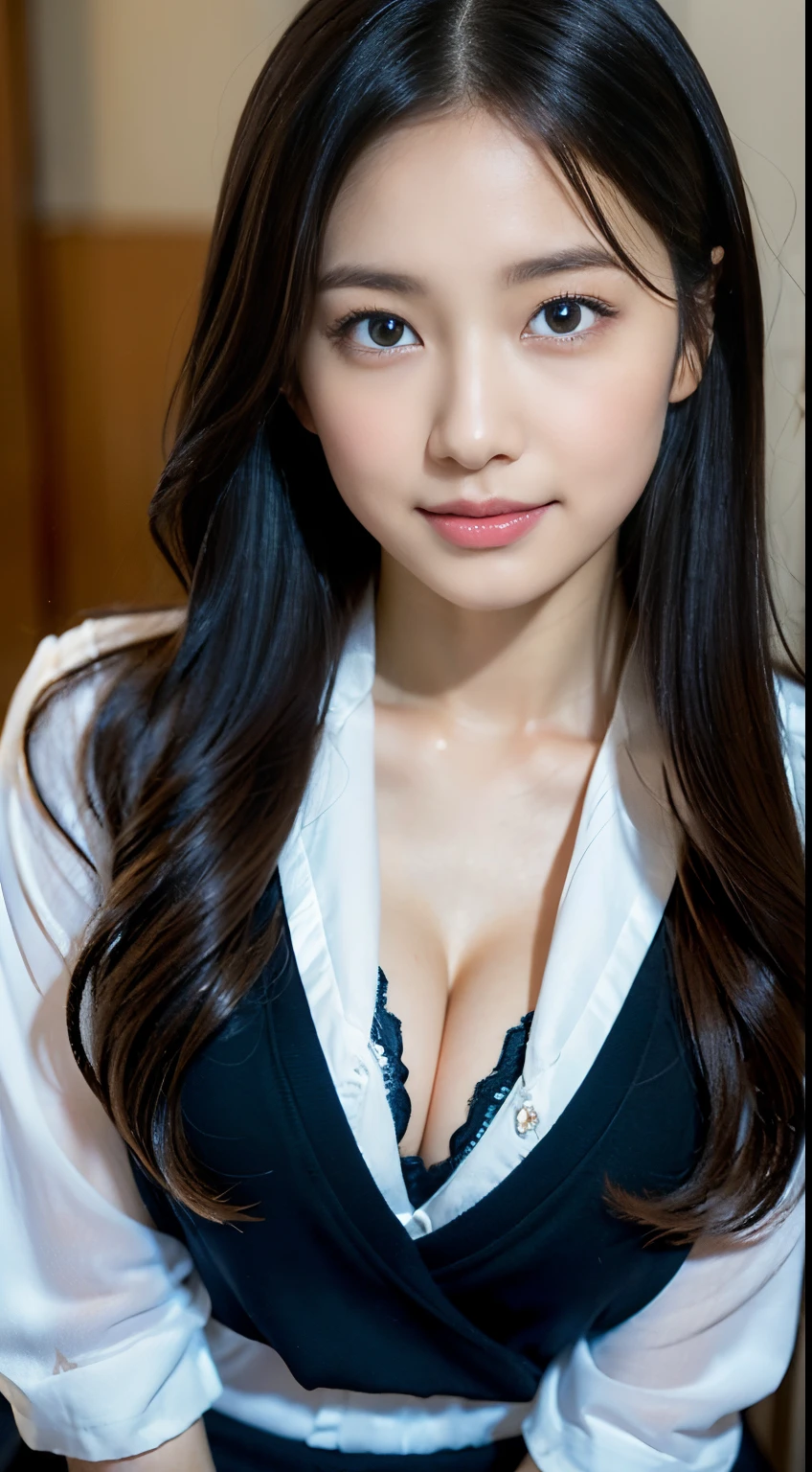 (((32k,high detal,high-detail、masterpiece,Attention to detail,full body Esbian,独奏))),Raw photo & realistic atmosphere,beautiful dark blue eyes,Detailed mouth,Glossy lips,Detailed eyebrows,Eyes drawn in detail with soft white skin that shines with every detail、azure eyes,Very beautiful eyes,Detailed lips、Very beautiful face,Very well-formed face、Lifelike face,shiny beautiful lips, Realistic Young Gravure Idol, very beautiful school girl, , Young gravure idols, Young Gravure Idol, Beautiful and very cute mature16 year old schoolgirl,with a flushed face,Incredibly beautiful, Sexy and classy16-year-old girl,semi-long brown shiny hair,wetting hair,(A sexy,Healthy toned body,HDT Vision Japan HDT Vision Black HDT Vision Black HDTV HDTV Black HDTV HDTV Black HDTV Black HDTV HDTV HD Black HDTV Uniform,well-shaped breasts that are slightly larger,,,Mature body, I'm anxious and about to cry,Moist eyes,cold smile,glareing,The sparkling face is also beautiful,High-resolution arm,,high-definition fingers,:1.5),(The chest of the uniform opens sexyly,Wearing black pantyhose、Sit with your feet on,High school girl in elegant black and blue uniform sitting upright、Lifting the skirt in embarrassment:1.8)、エロ、show breast、barechested