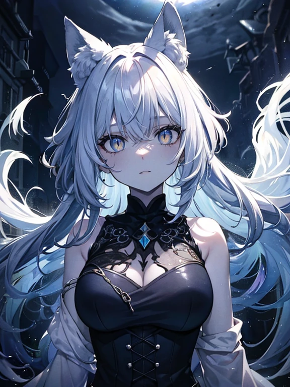 (masterpiece,best quality,ultra-detailed),1girl, multicolored hair,messy hair,thick hair,beautiful and detailed face, detailed eyes,looking at viewer,((grey theme),pale skin,fox ears,glowing eyes,((night)),((dark ambient,creepy ambient)),(in the moon),starry sky,(((aquarelle)))